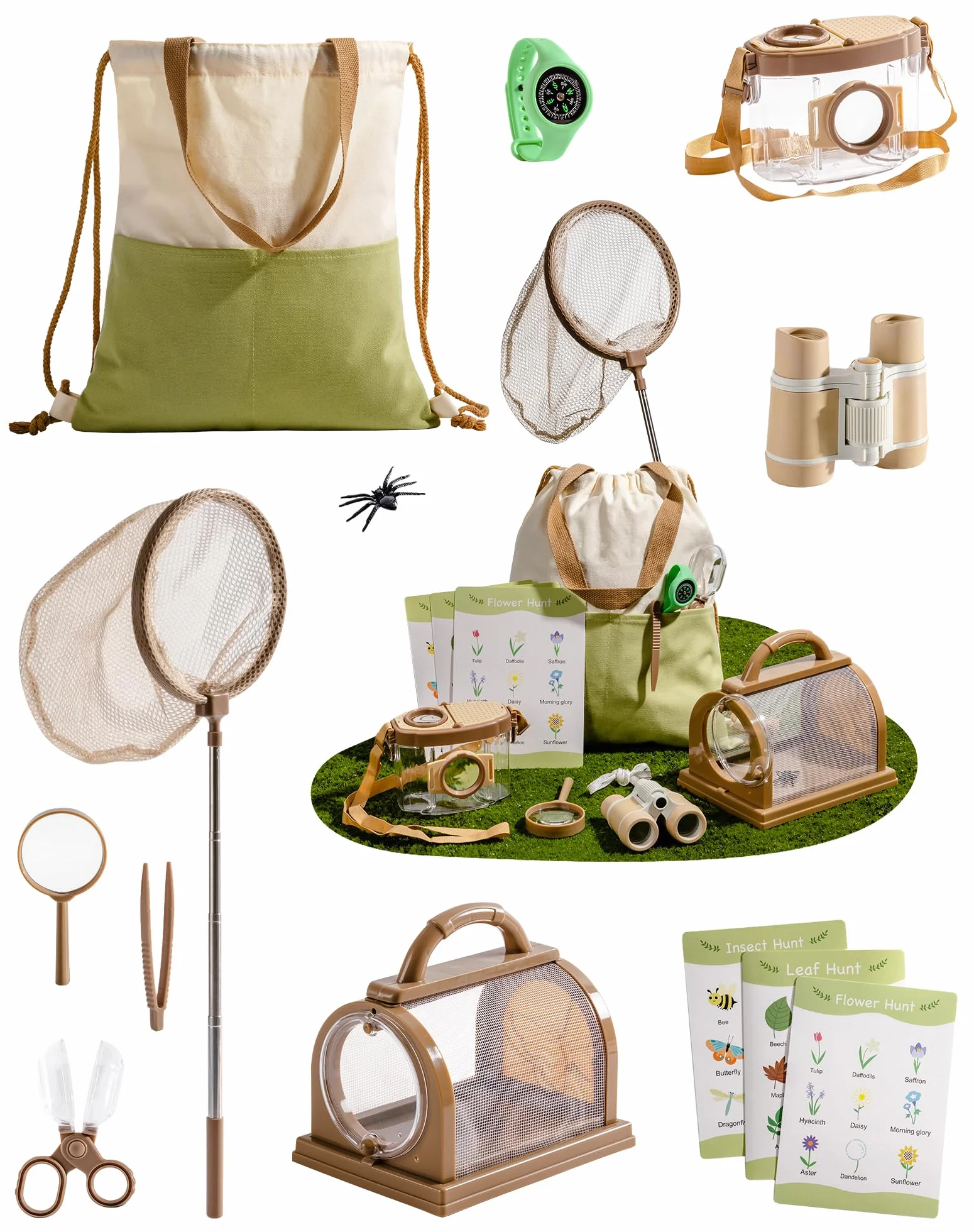 ROBOTIME Kit d'explorateur et attrape-insectes 12 en 1, ensemble d'aventure en plein air avec jumelles, filet à papillon, boîte à insectes, loupe