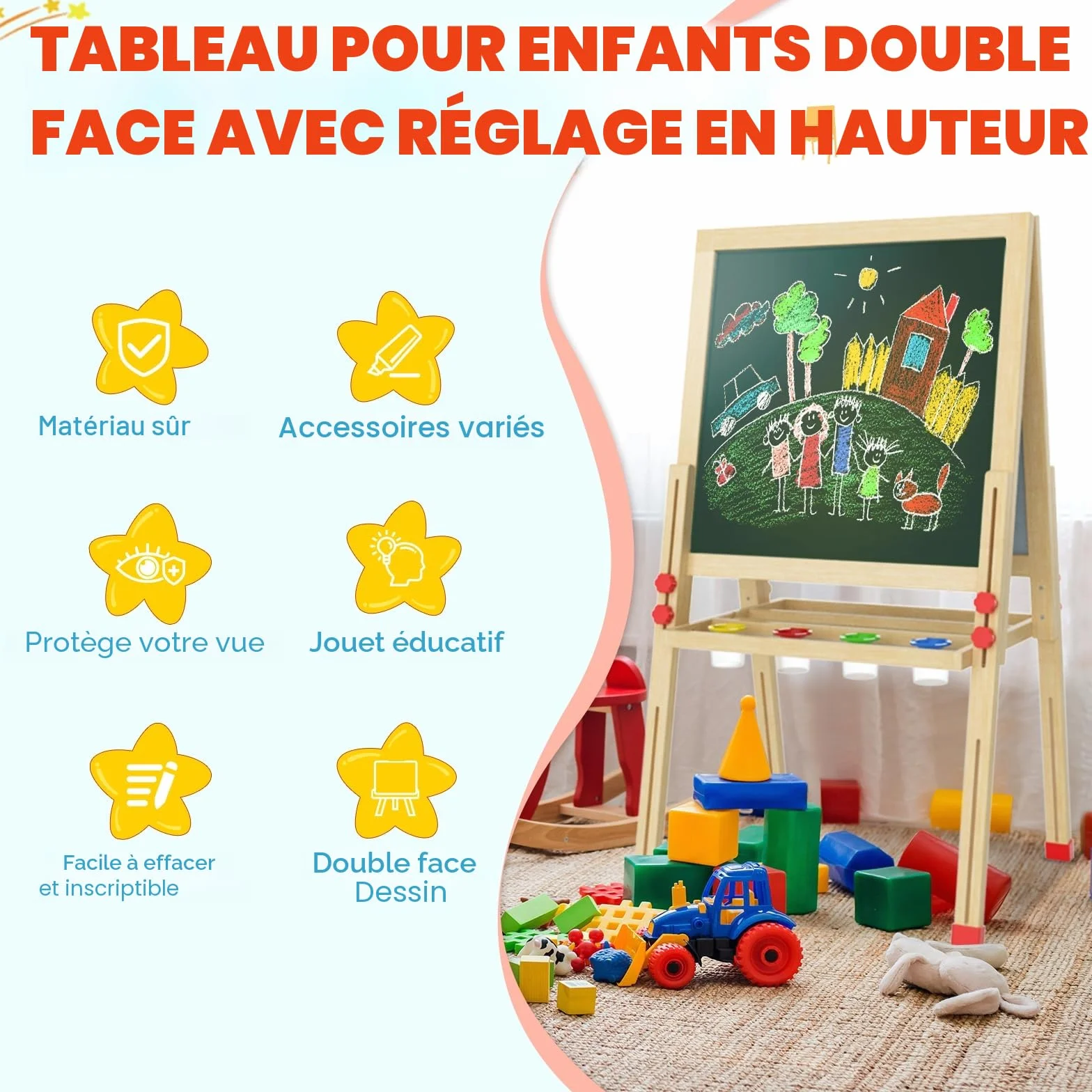 Dripex Tableau Enfant Double Face, Chevalet Bois Réglable Hauteur Tableau Noir et Blanc avec Craie Aimants, Jouet Educatif Créatif pour Garçon Fille 3+ Ans 55x55CM