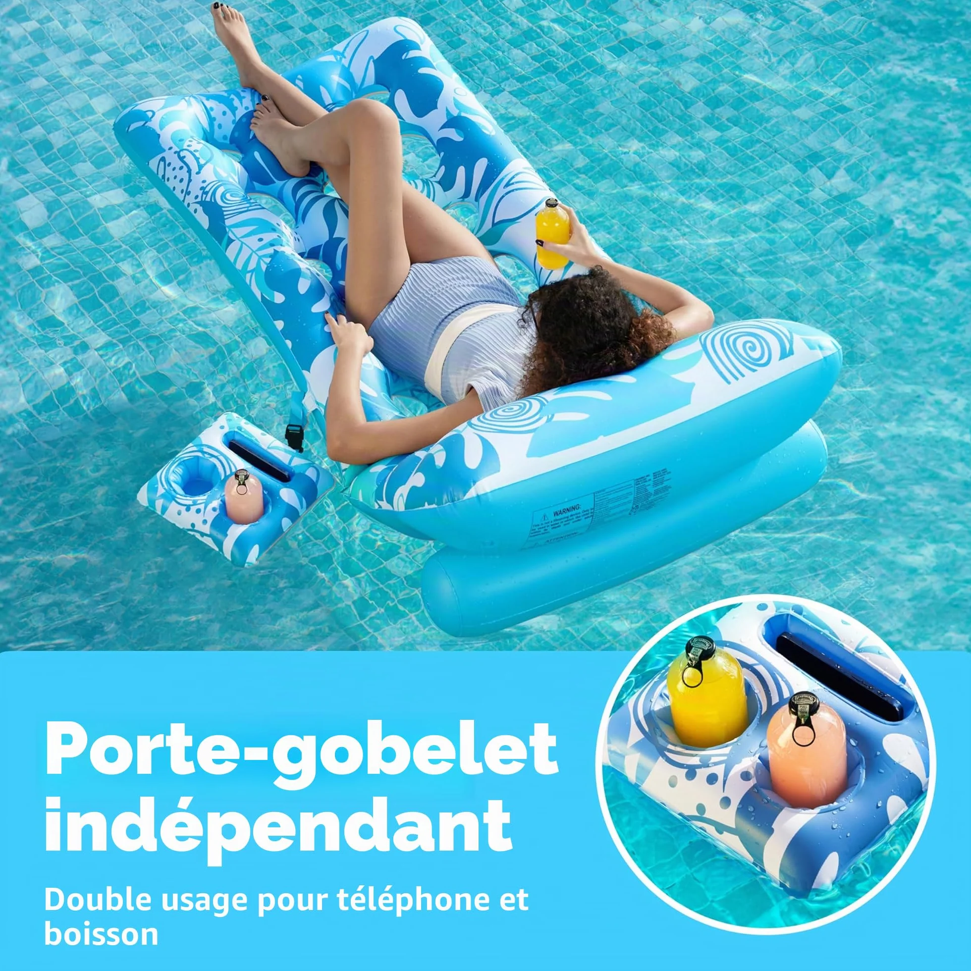 SLOOSH Matelas Gonflable pour Adultes, Transat de Piscine avec Dossier Réglable et Porte-Gobelets, Bouée Flottante pour Bronzage