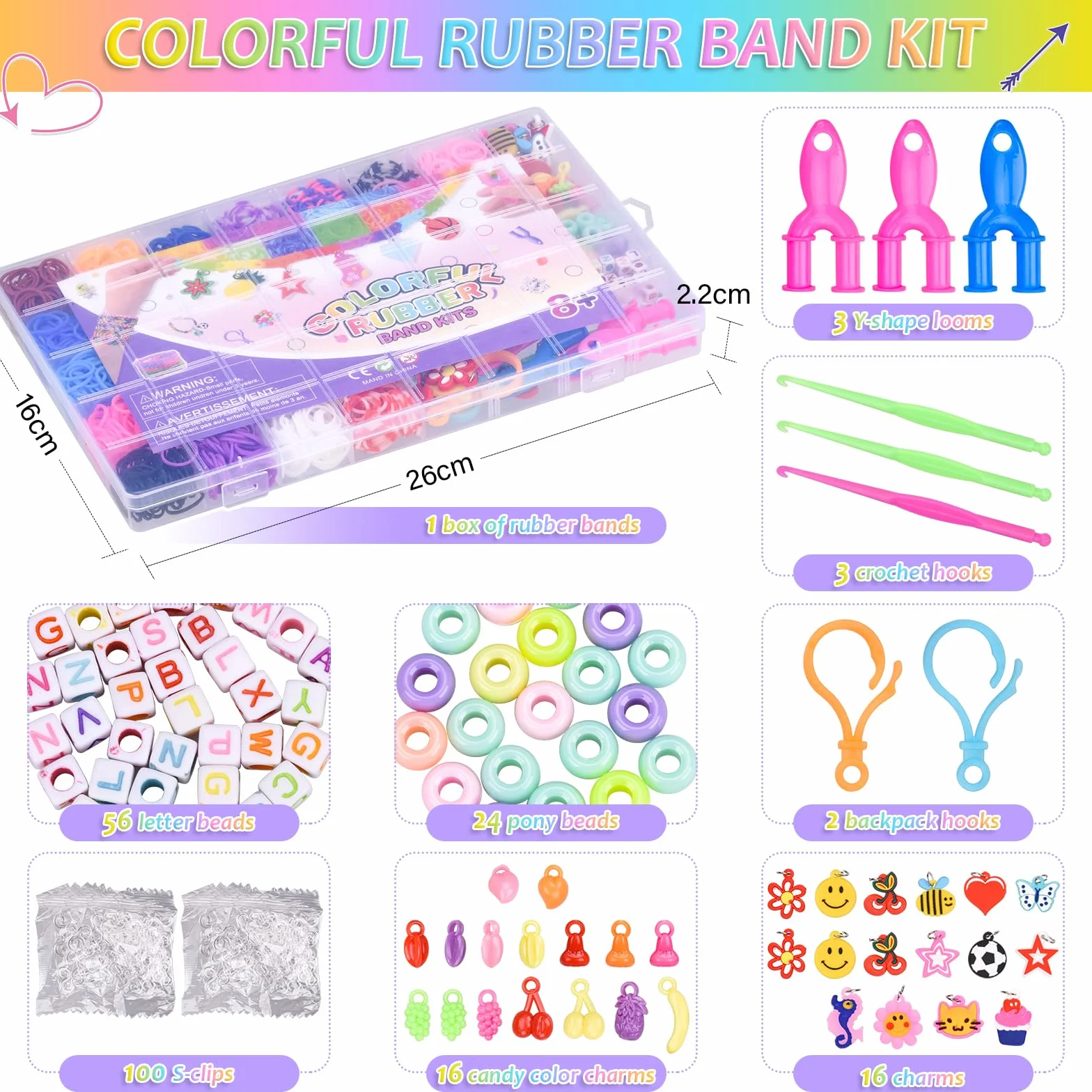 AOKITO 2500 Bracelet Kit Élastique 32 Couleurs Loom Bands avec Pendentifs Clips Perles Boîte Rangement Enfant