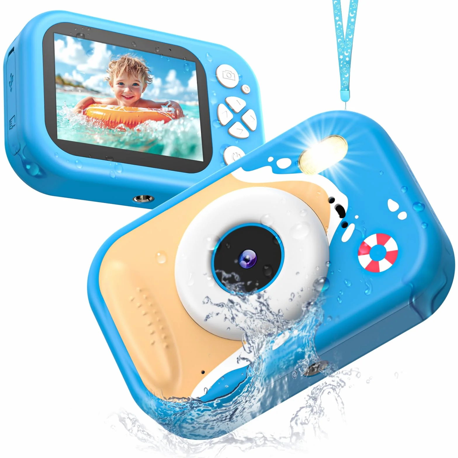 Appareil Photo Enfant Étanche 48MP 1080P Caméra sous-Marine 2,4 Pouces LED Flash Carte TF 32 Go Bleu