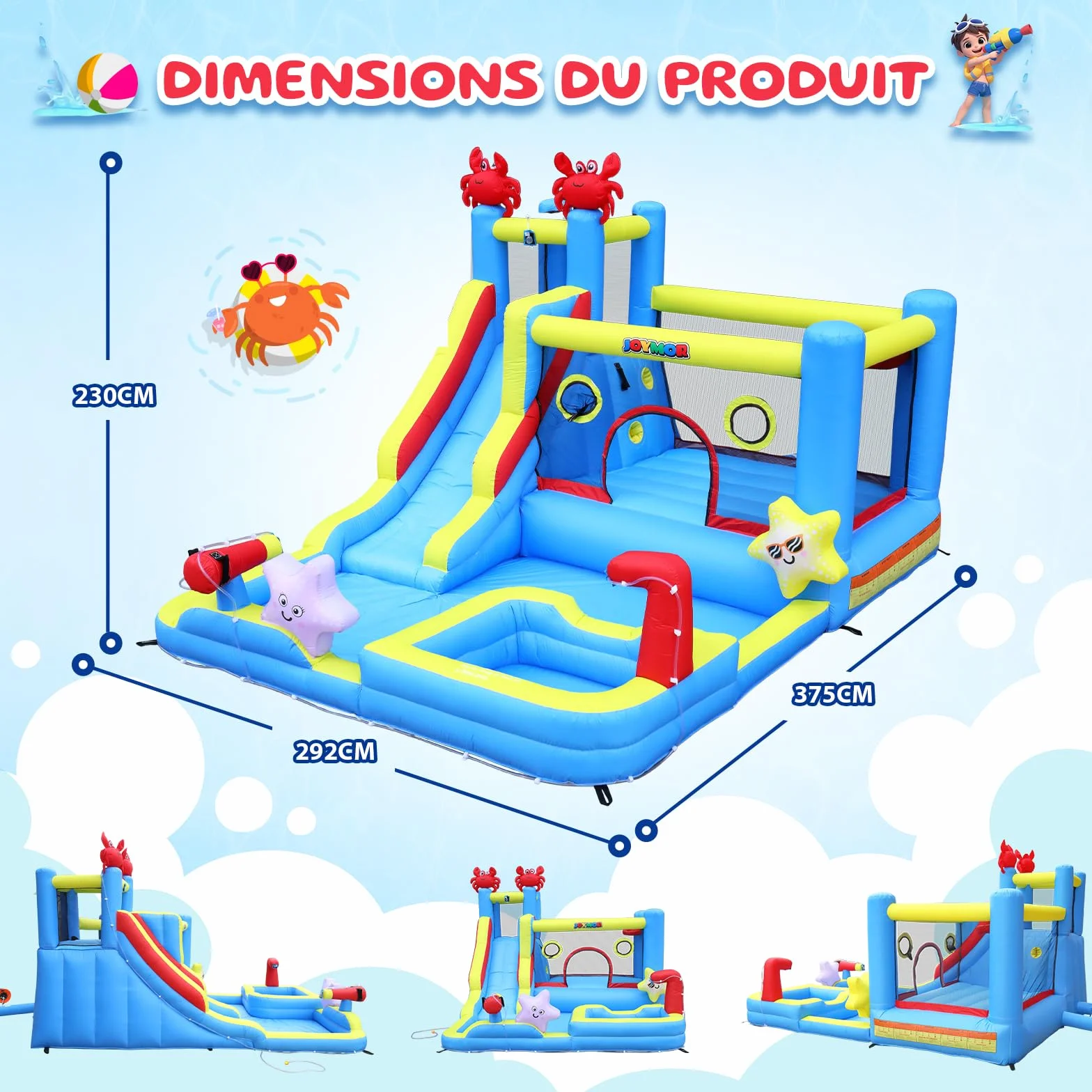 Bonnlo Chateau Gonflable avec Piscine Toboggan Mur d'escalade Trampoline 375x292x230cm Jardin Extérieur Ventilateur Inclus Thème Océanique
