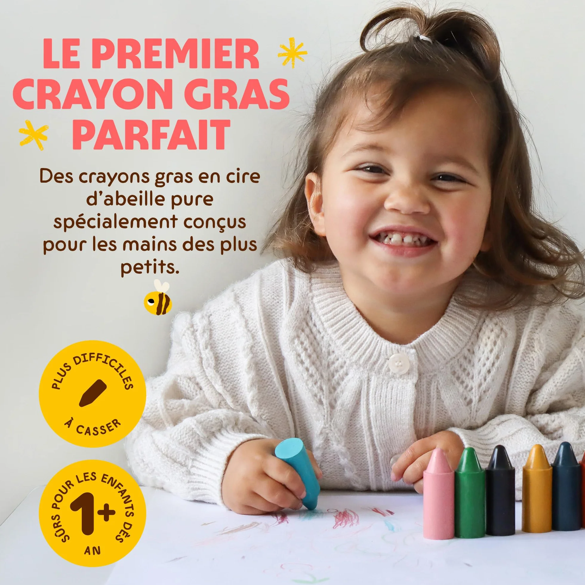 Honeysticks 12 Gros Crayons Pure Cire d'Abeille Non Toxiques pour Tout Petits 1 an+