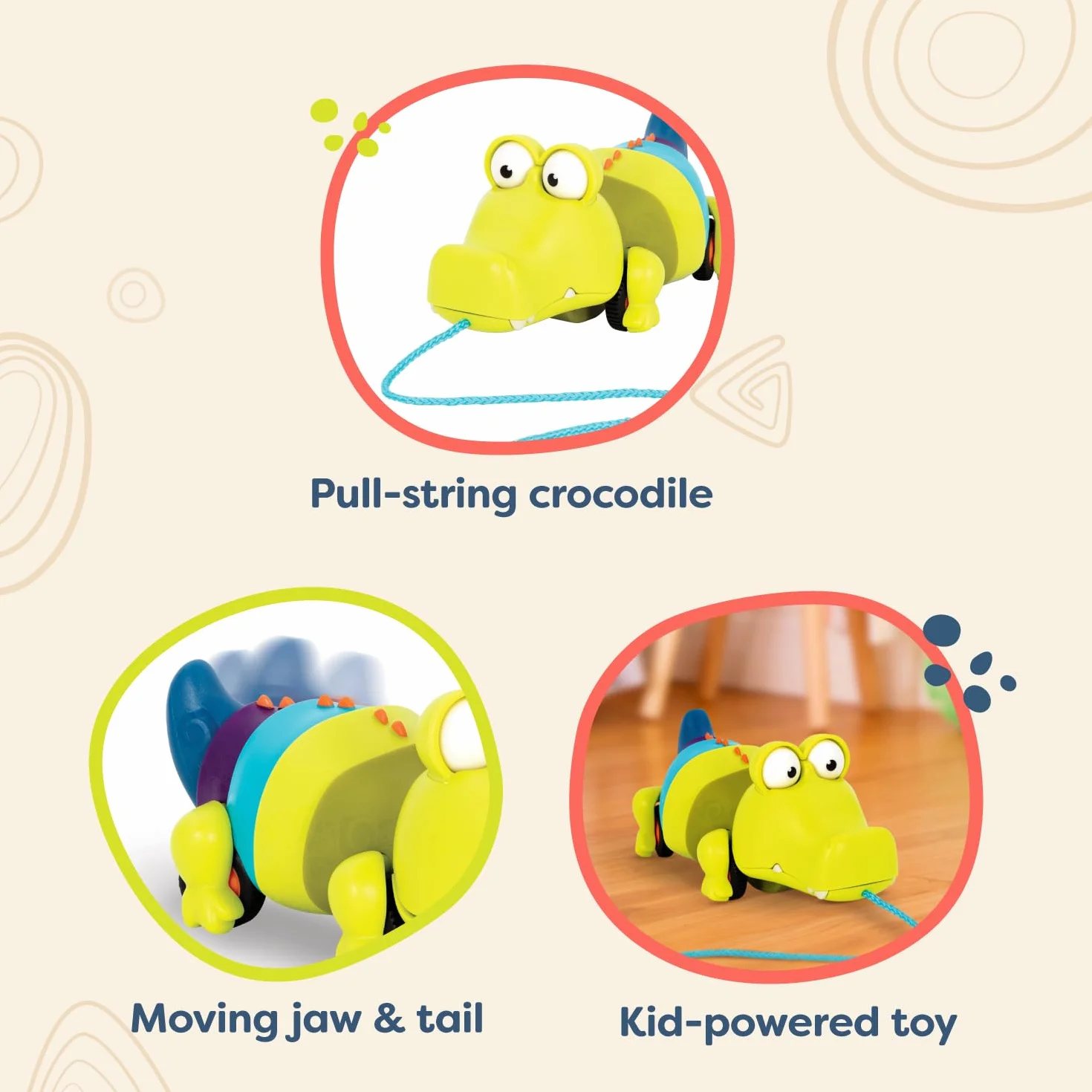 Jouet Crocodile à Pousser ou à Tirer B. Toys Waggle-A-Longs Snappity Scott avec Ficelle pour Tout-Petits 18 Mois+