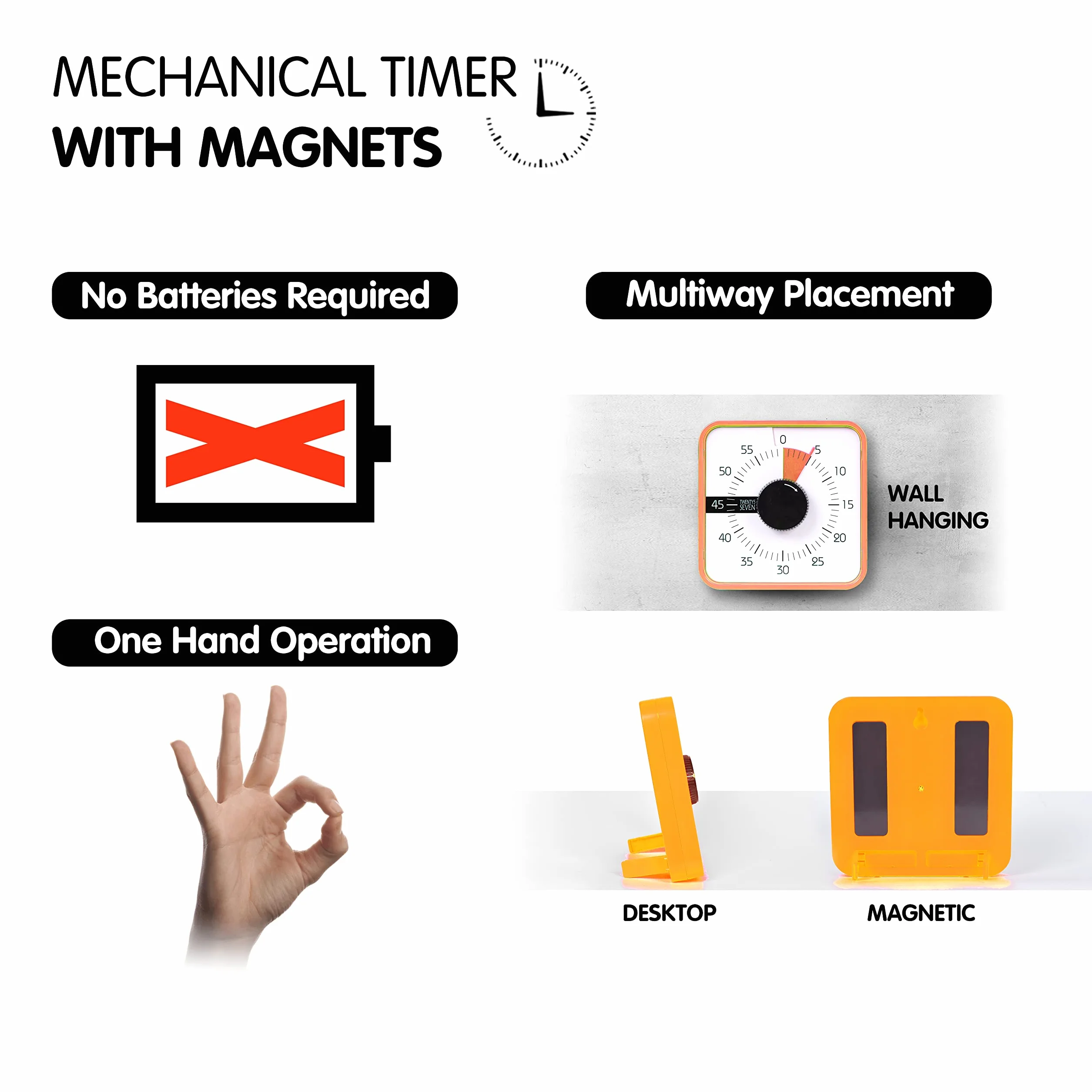 Minuteur 19 cm 60 Minutes Compte à Rebours Mécanique Magnétique Orange TWENTY5 Seven