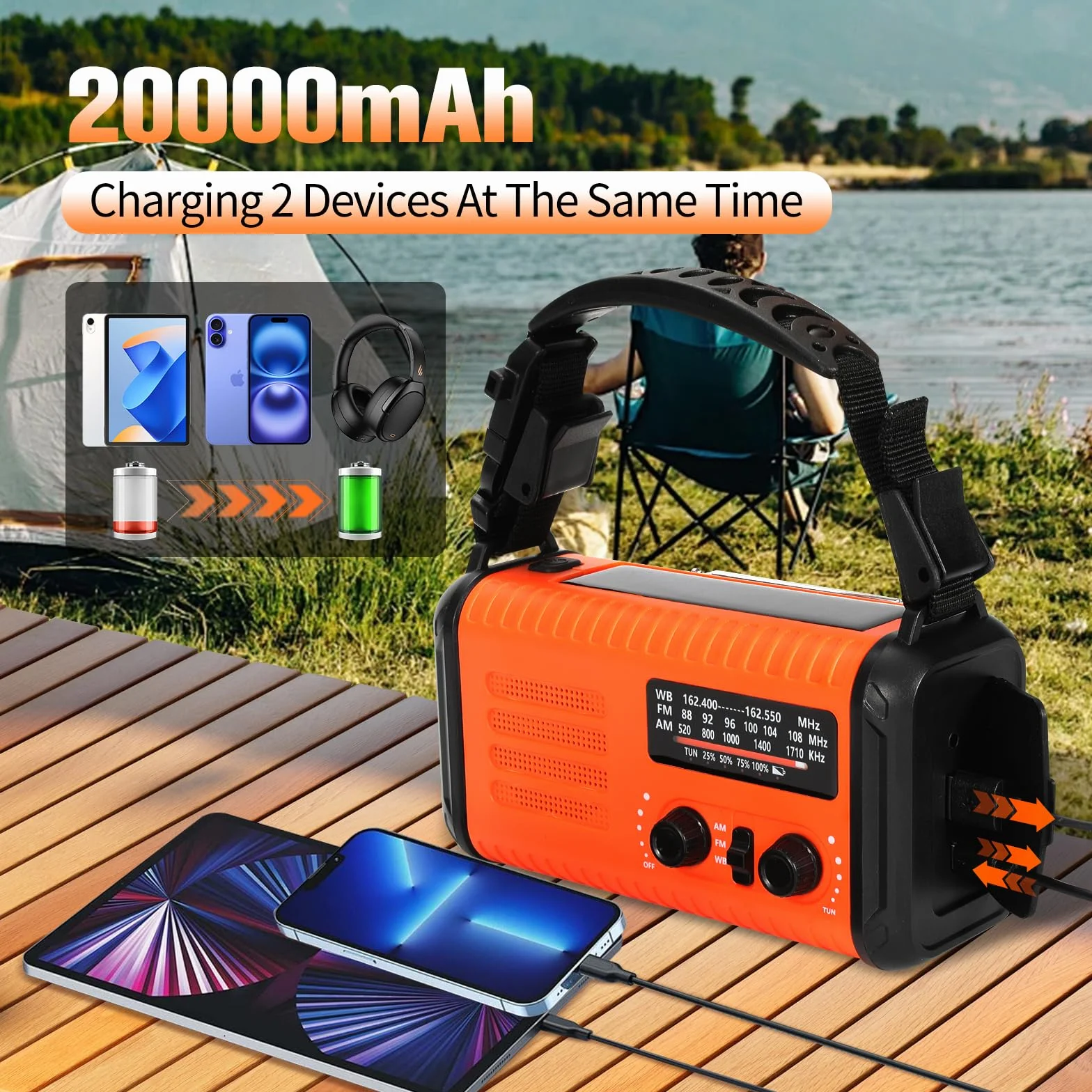 Radio de Secours à manivelle 20000 mAh NOAA AM FM Solaire Portable avec Lampe Torche SOS Orange