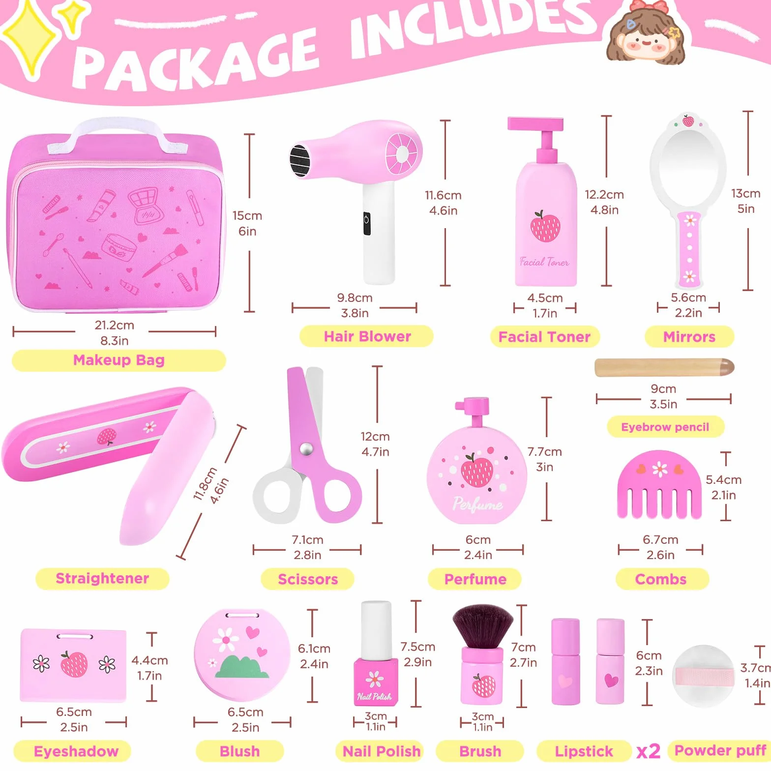 GAGAKU Set de Maquillage en Bois pour Enfants Montessori Jouets Makeup avec Sèche-Cheveux Miroir