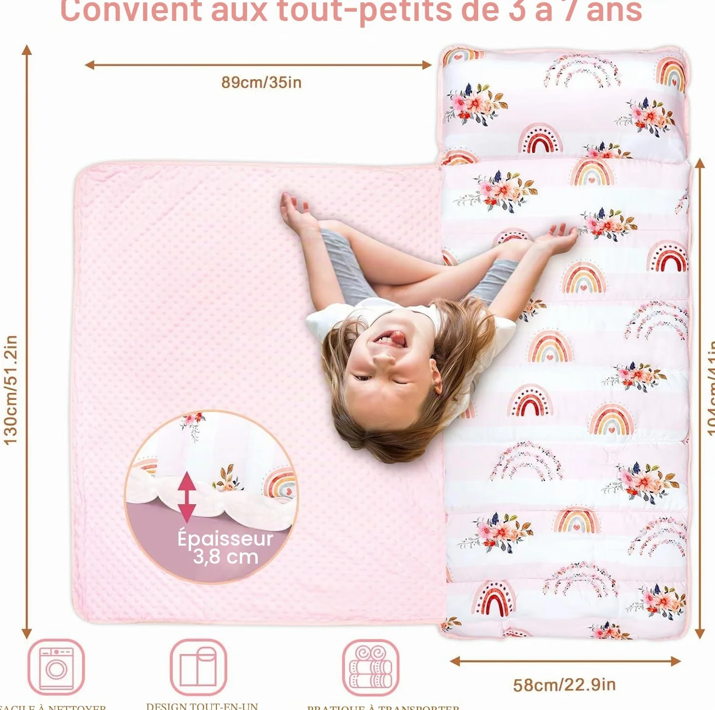 Hooyax Tapis de Sieste pour Enfants avec Oreiller Amovible et Couverture Douce, 58,2 x 130 cm