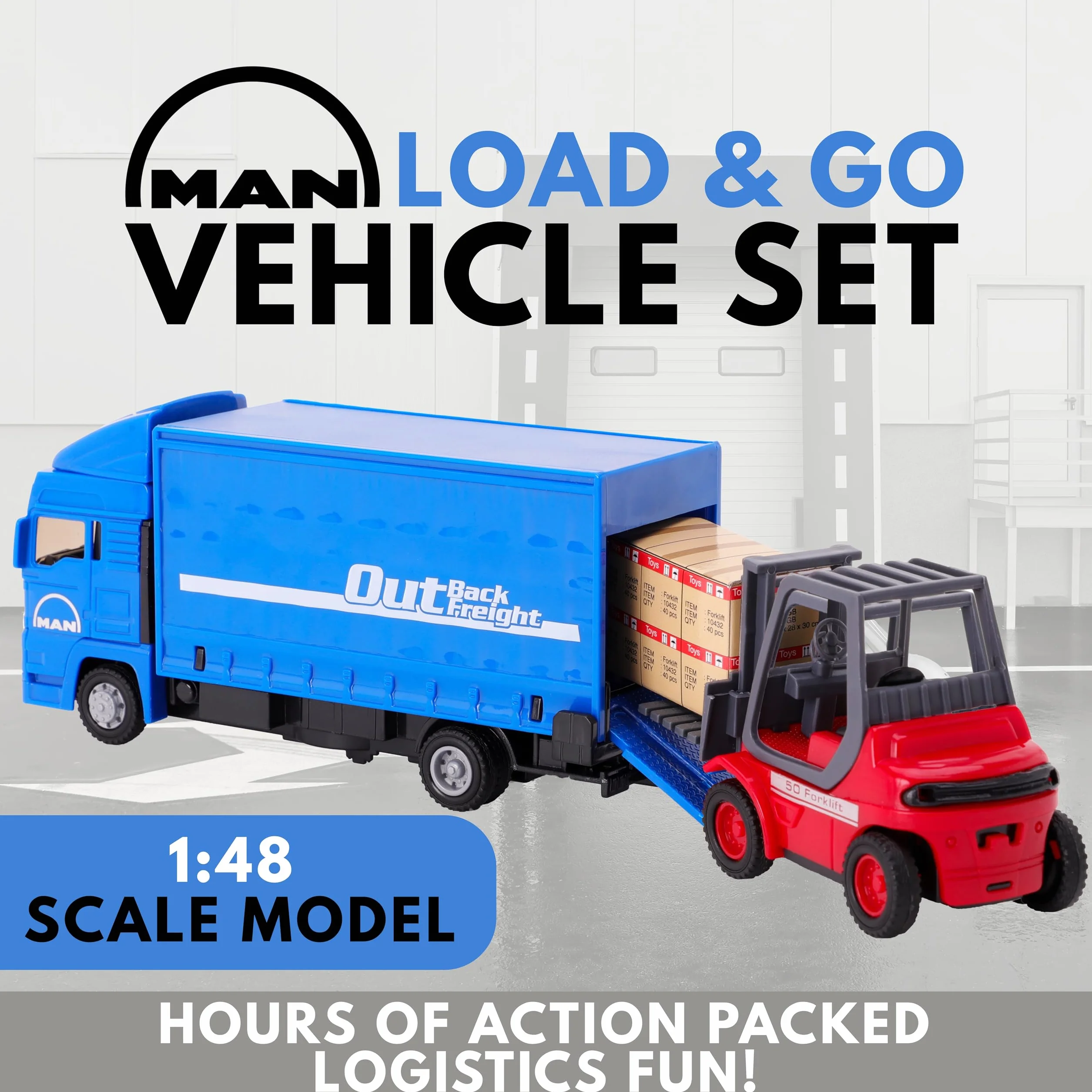 Toyland Coffret Load & Go Camion Man Chariot élévateur Palette 15cm 1:48 Construction Métal Plastique 3 Ans Bleu