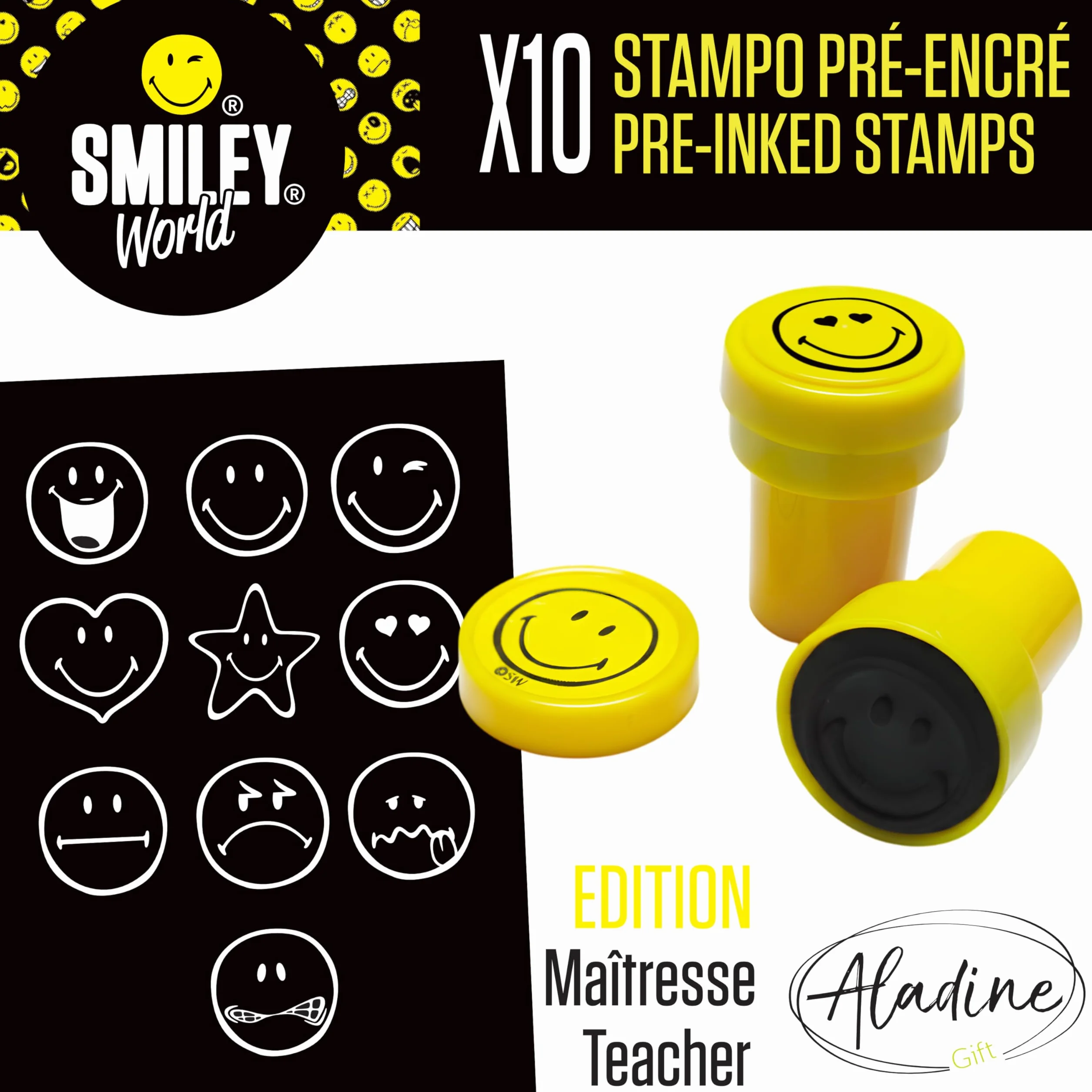 Aladine 10 Tampons Encreurs Smiley World Emoji Enfants Enseignants Humeur Encouragements