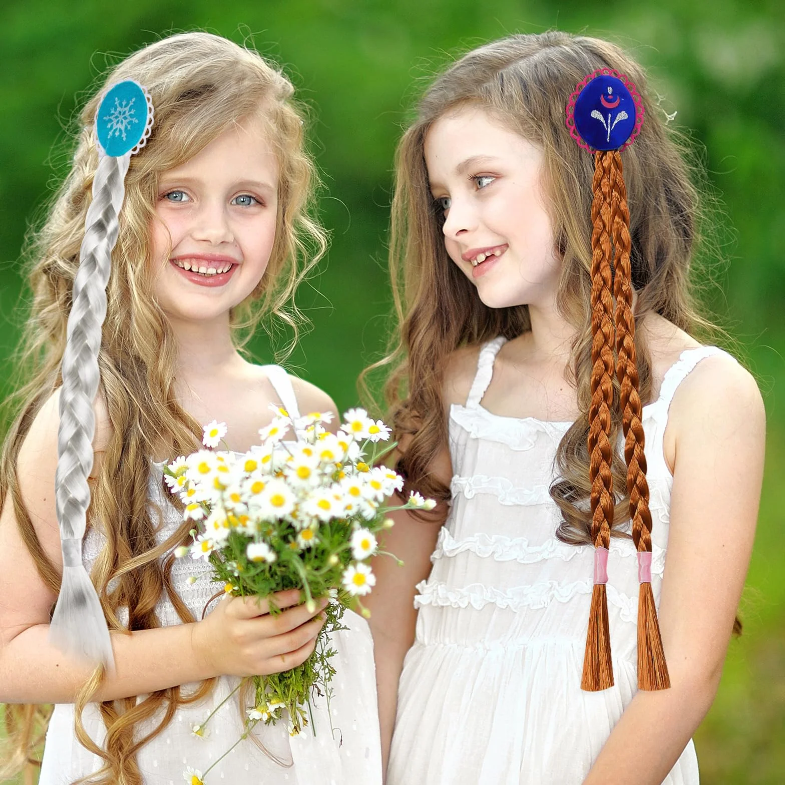 Perruque Princesse Enfant 2 PCS, Longue Perruque Déguisement Fille, Tresses Cheveux Extensions, Accessoire Costume Halloween Carnaval Cosplay