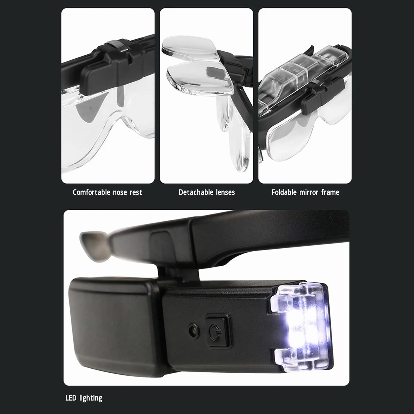 Lunettes loupes à tête rechargeables LED avec étui de rangement mains libres