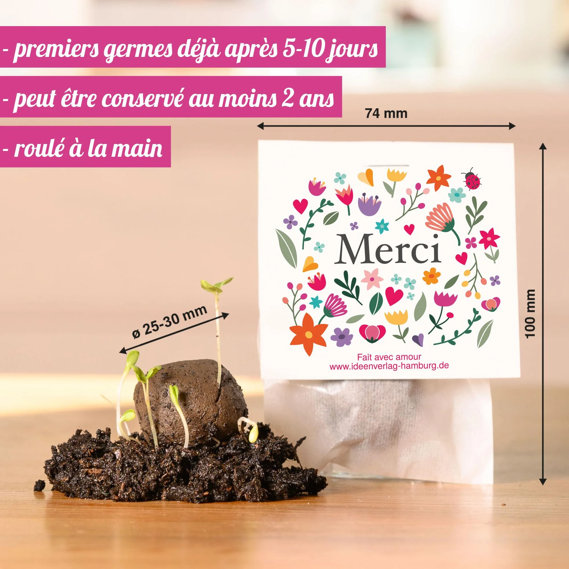Bombes à graines "Merci" 10x – cadeau écologique original boules fleuries