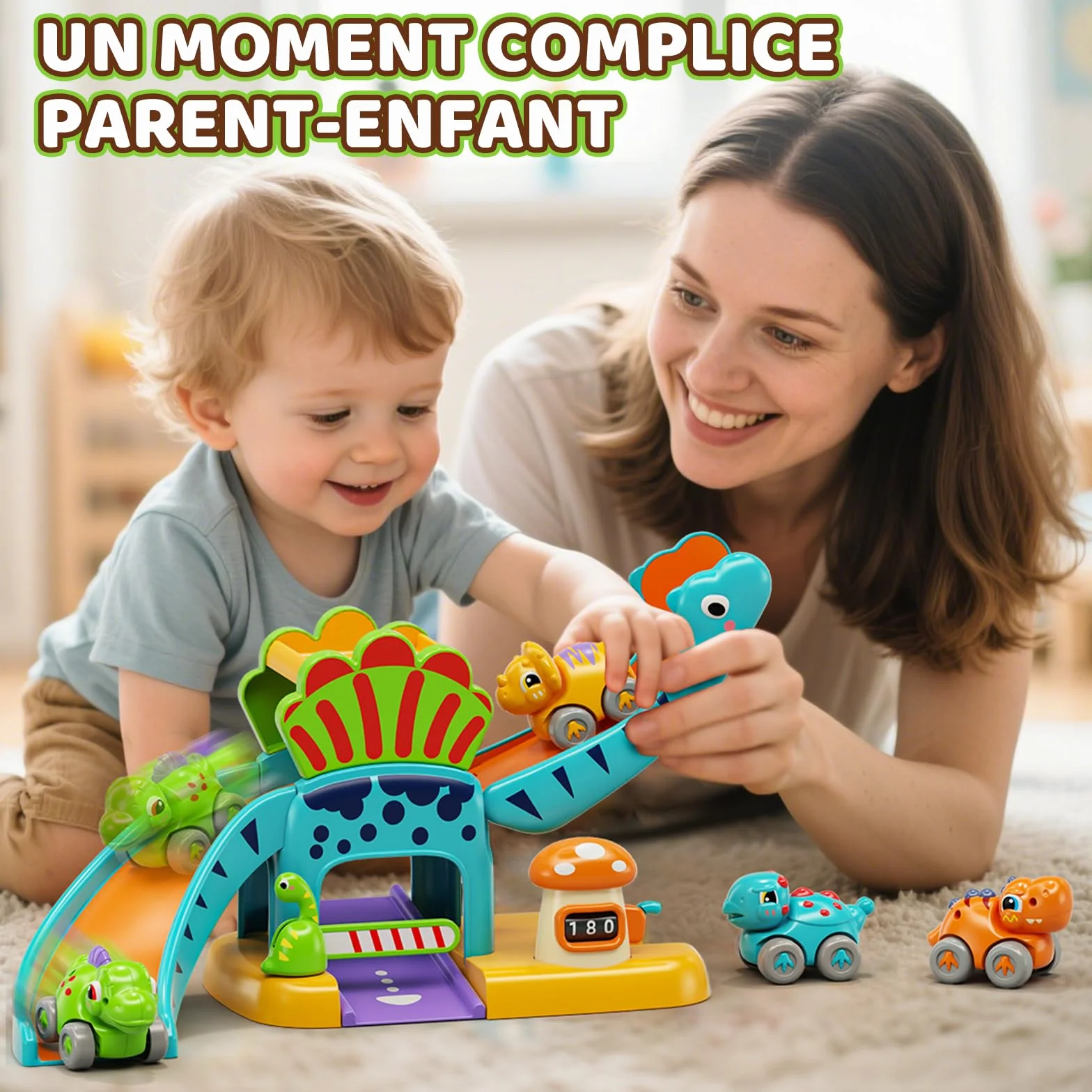 Jeu de Voitures Dinosaures avec Circuit à Toboggan Jouet Éducatif 1-3 Ans Cadeau Enfant 12+ Mois Garçons