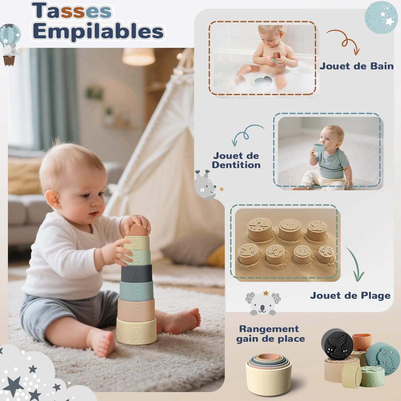 Jouet Montessori 5 en 1 Bebe 6 Mois et Plus, Jeux Sensoriel avec Tri de Formes, Xylophone, Gobelets Empilables