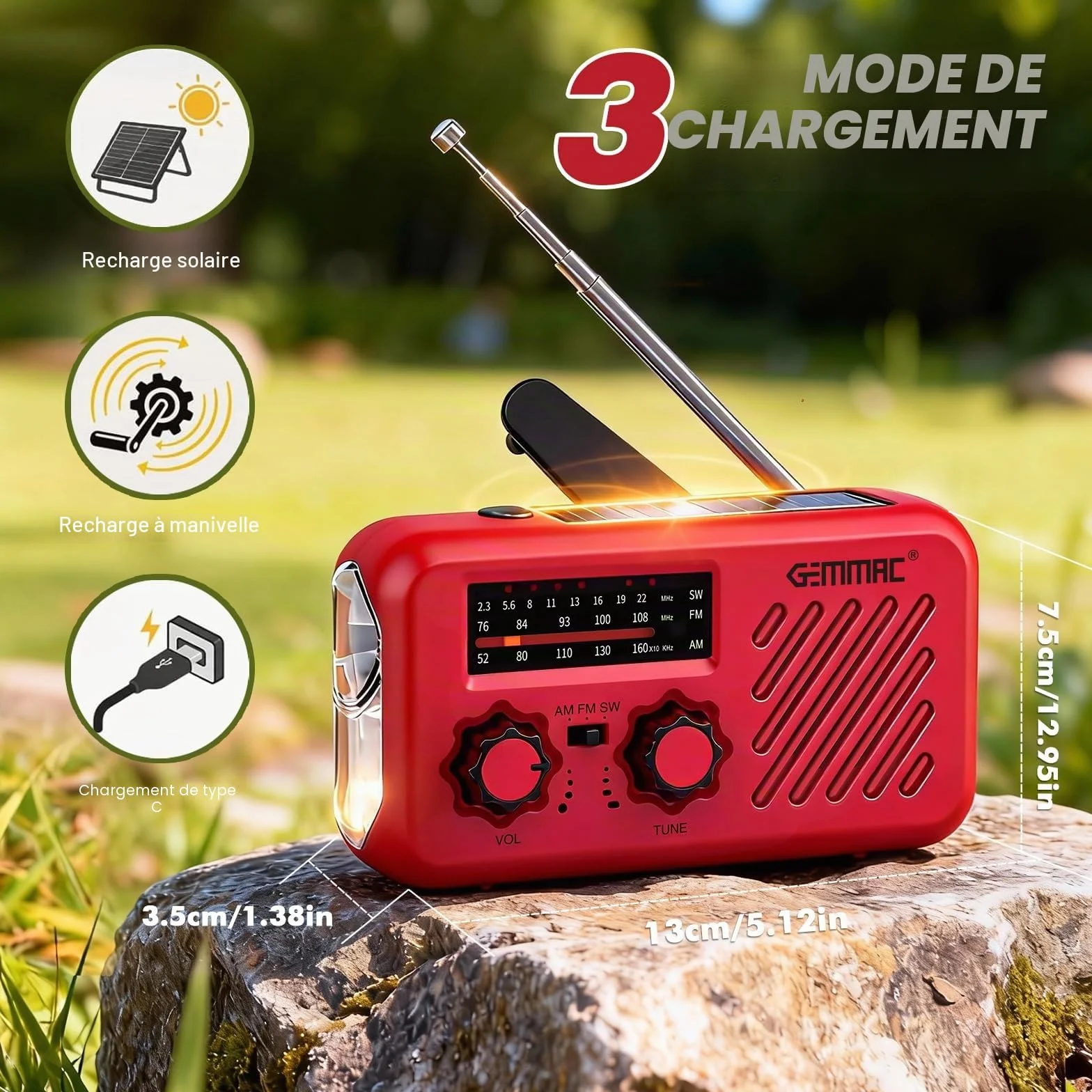 Radio d'urgence Multifonction 3 en 1 Gemmac 2000mAh Powerbank USB Recharge Solaire Dynamo LED Lampe Torche Alarme SOS AM/FM/SW Camping