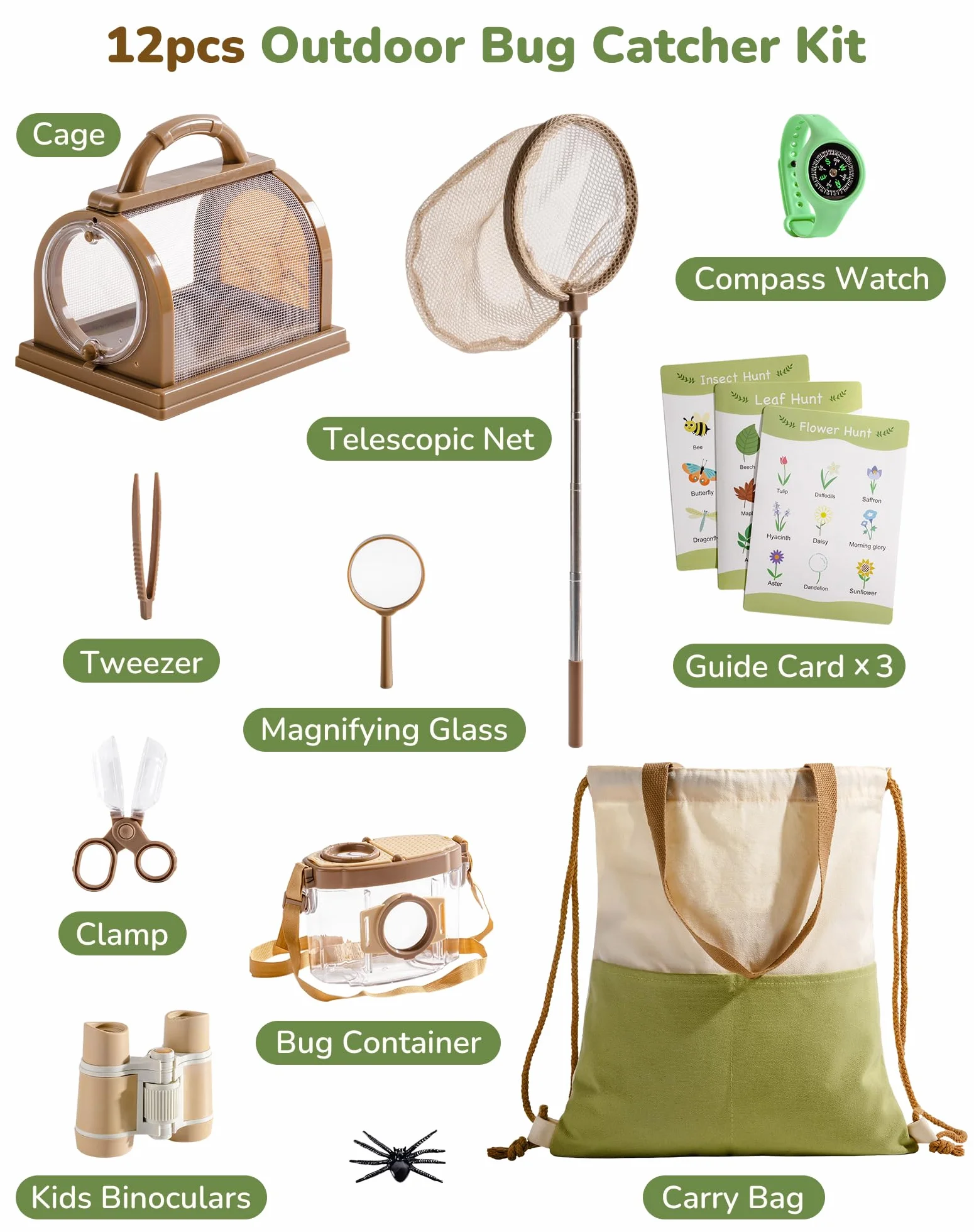 ROBOTIME Kit d'explorateur et attrape-insectes 12 en 1, ensemble d'aventure en plein air avec jumelles, filet à papillon, boîte à insectes, loupe