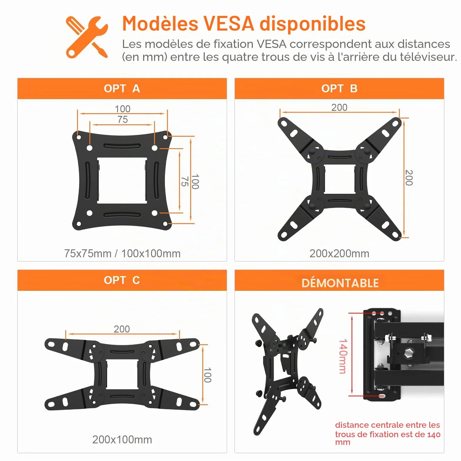 GRIFEMA Support Mural TV 13-43 Pouces Fixation Murale Orientable Inclinable VESA 20KG