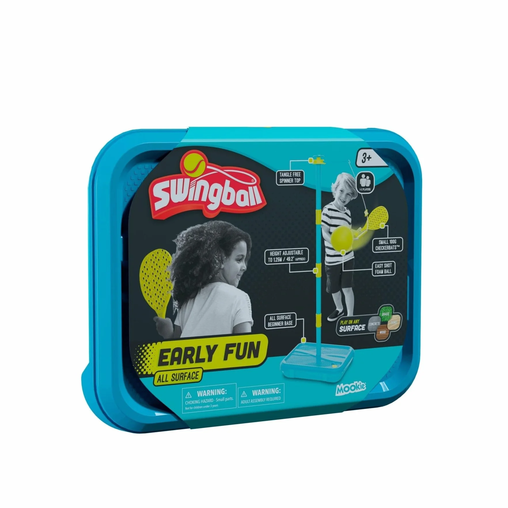 Swingball Early Fun Jeu Swingball Tout Terrain Raquettes Légères Balle Mousse Tête Spirale Anti-Emmêlement Socle Stable Bleu
