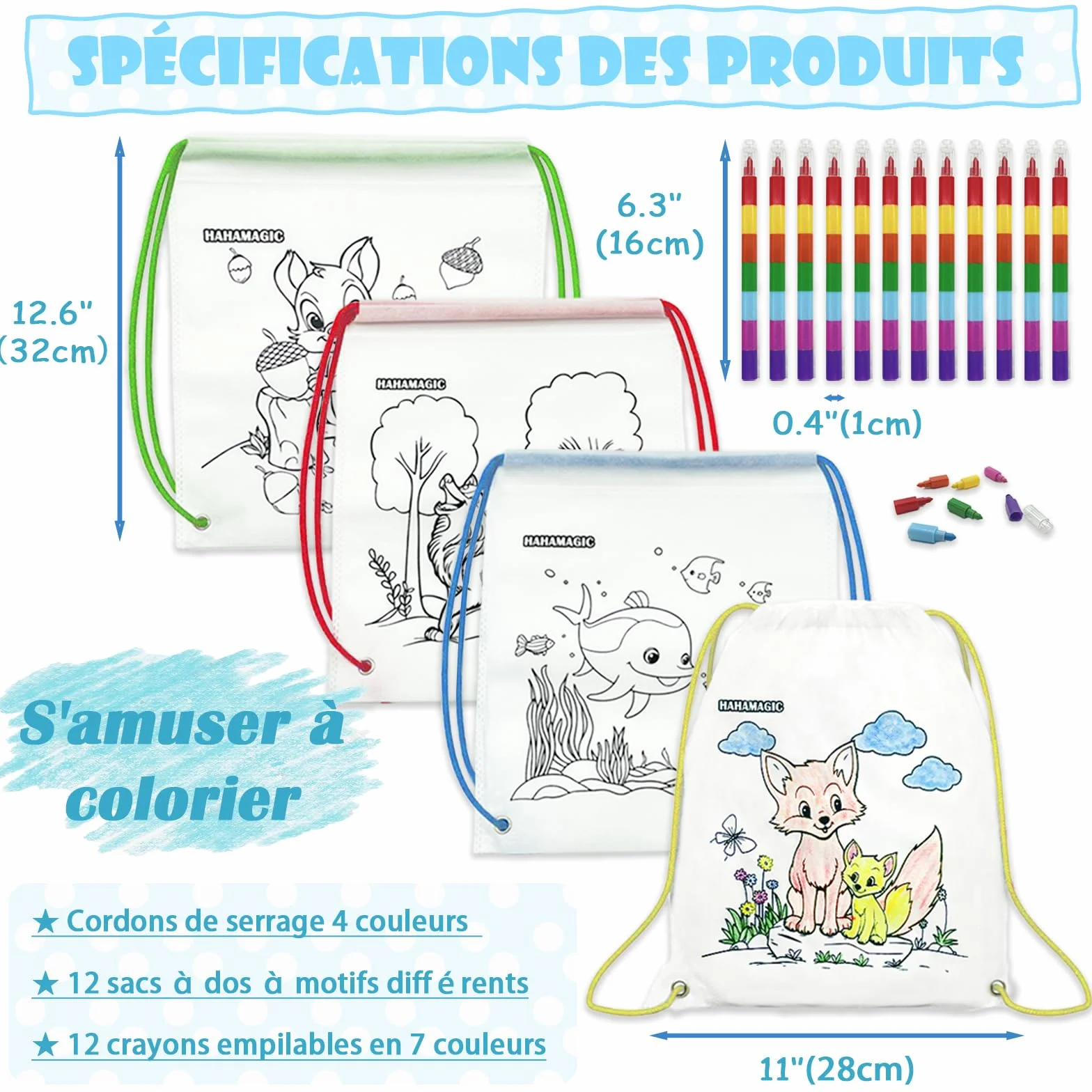 Sacs à Dos à Colorier avec Crayons de Couleur empilables pour Enfant, Sac Anniversaire Enfant, Cadeau Noel