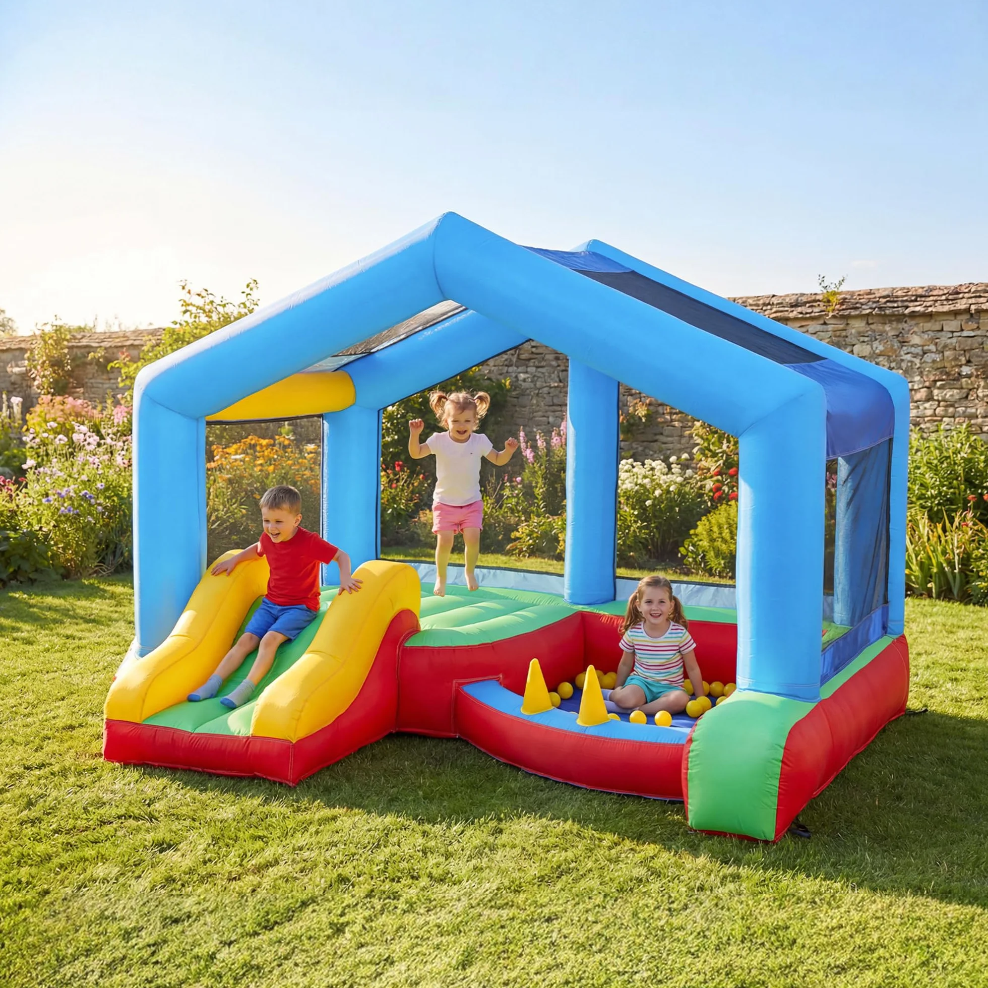 AIYAPLAY Château Gonflable 4 en 1 avec Toboggan, Piscine à balles, Jeu de Lancer d'anneaux, Toit à Protection Solaire, pour 3 Enfants 3-8 Ans