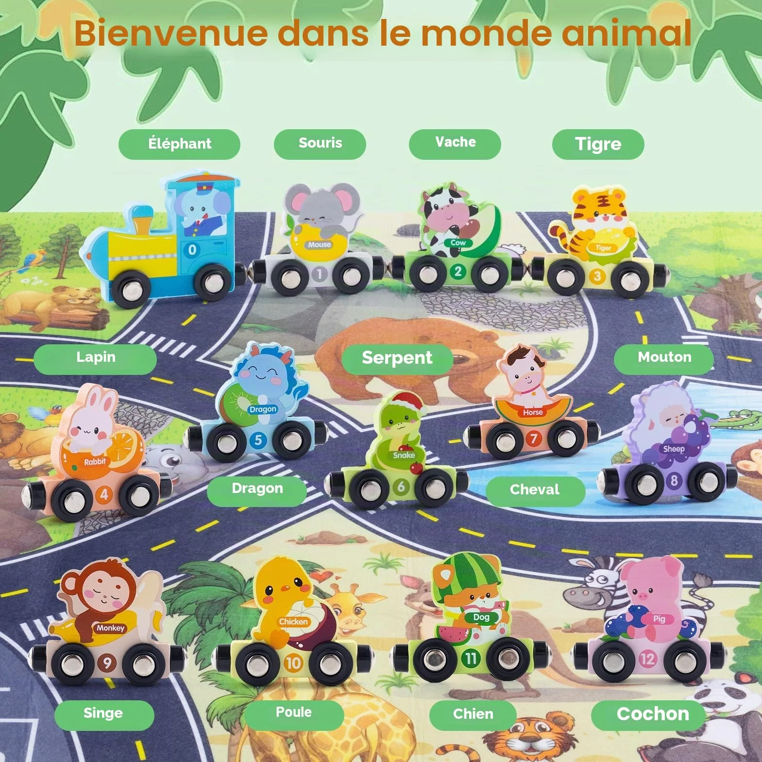 Train d'animaux magnétiques en bois Montessori lot de 13 jouet éducatif 1 2 3 ans