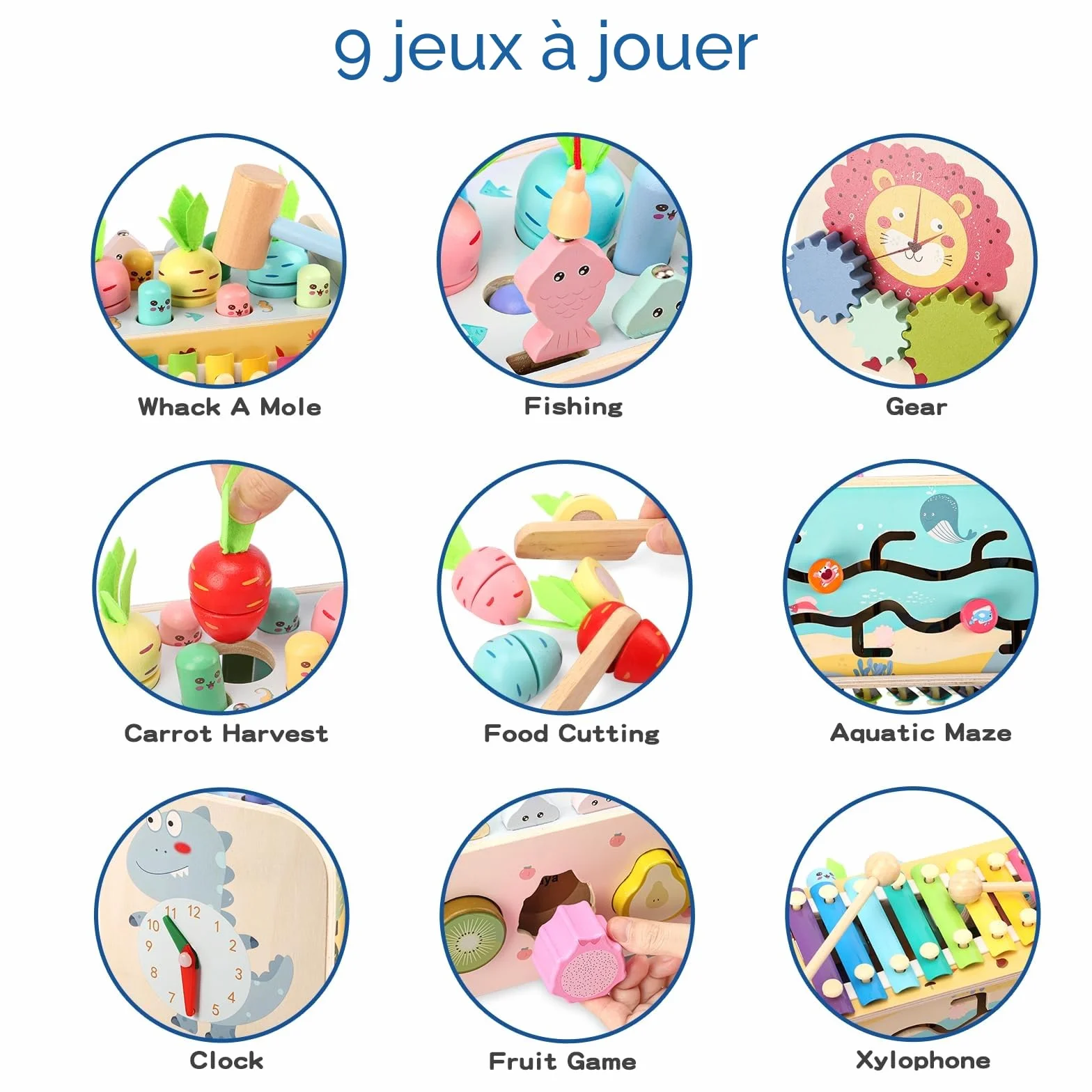 Jouet Montessori Enfant 1 an 9 en 1 Jeux en Bois Bebe Educatif Fille Garcon avec Xylophone Jeu Peche Marteau Jouet d'activite Musicaux Interactif Cadeau Anniversaire 2 Ans