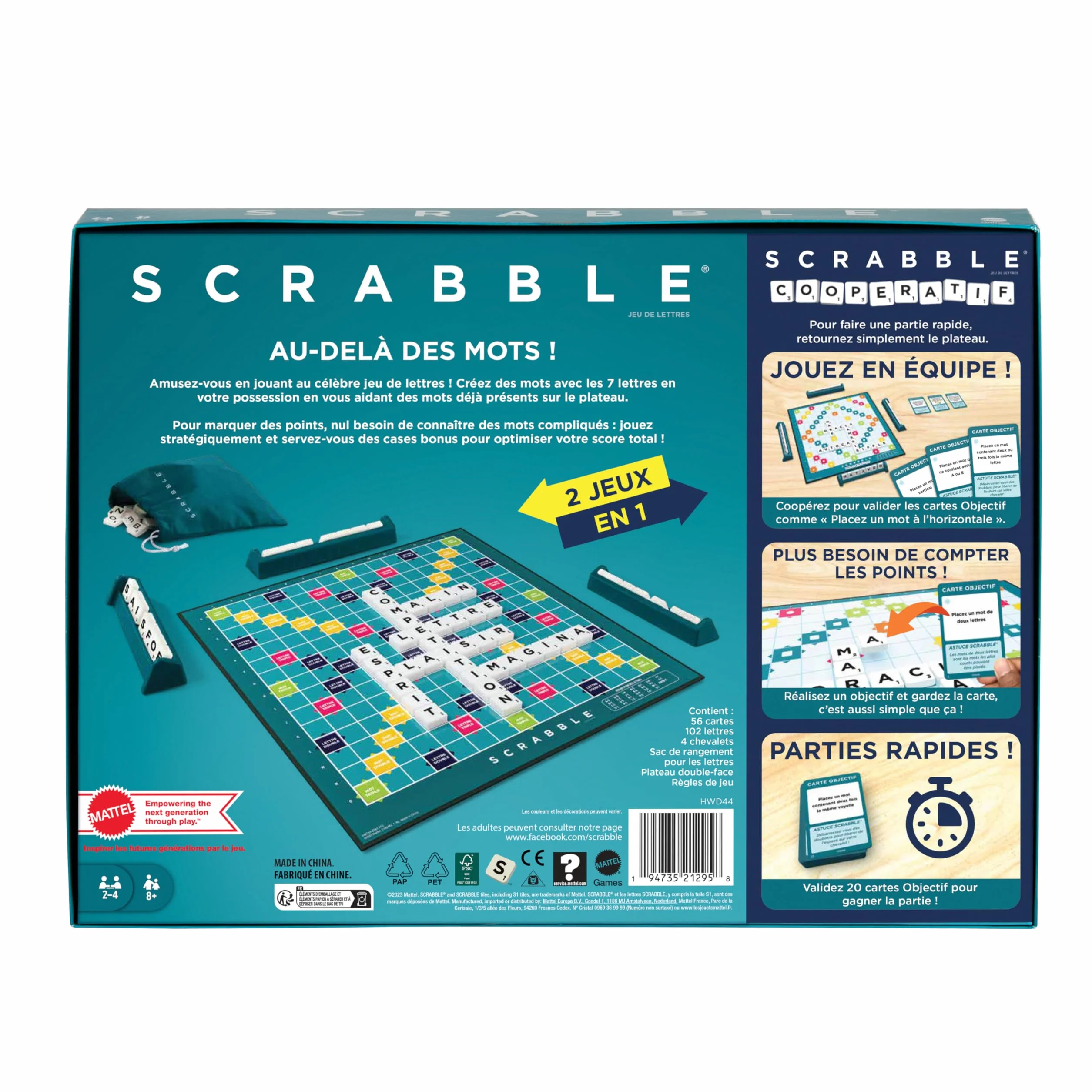 Mattel Games Scrabble Jeu De Société Familial 2 Modes De Jeu 50 Cartes Objectif HWD44