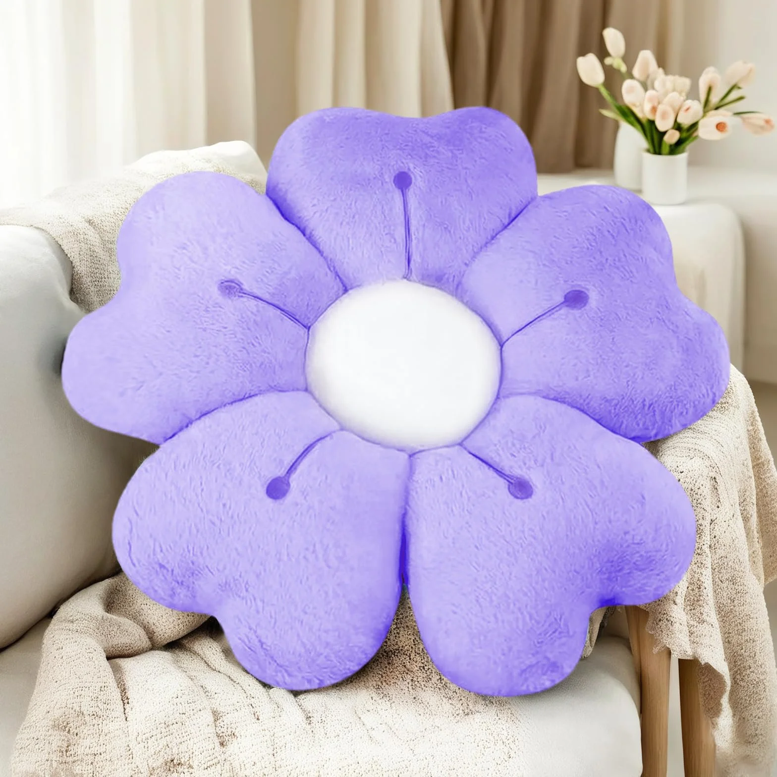 Coussin Fleurs Oreiller Floral Peluche 50cm Violet