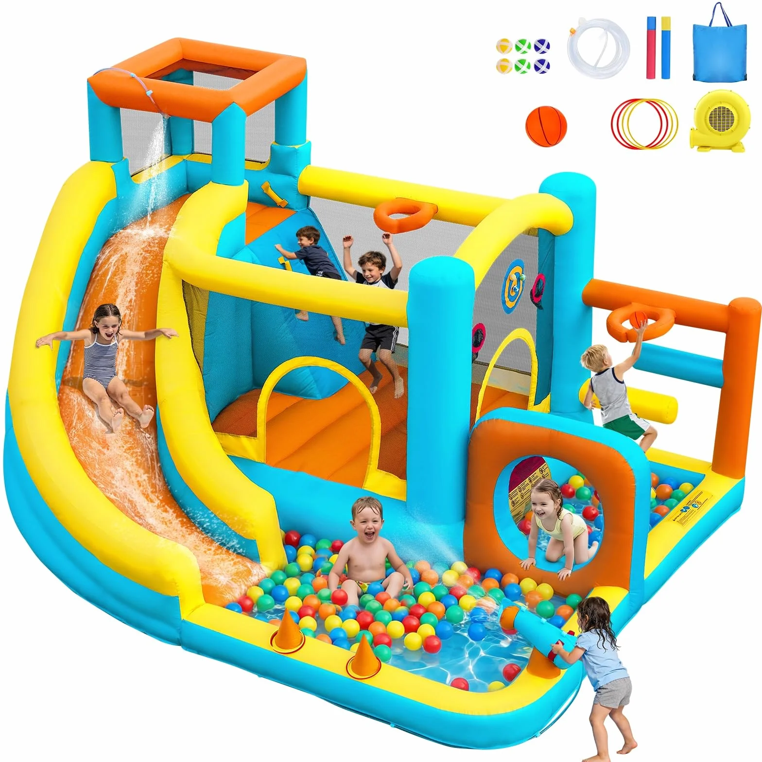 Château Gonflable avec Toboggan Aquatique, Piscine à Balles, Mur d'escalade, Souffleur Inclus, Intérieur/Extérieur