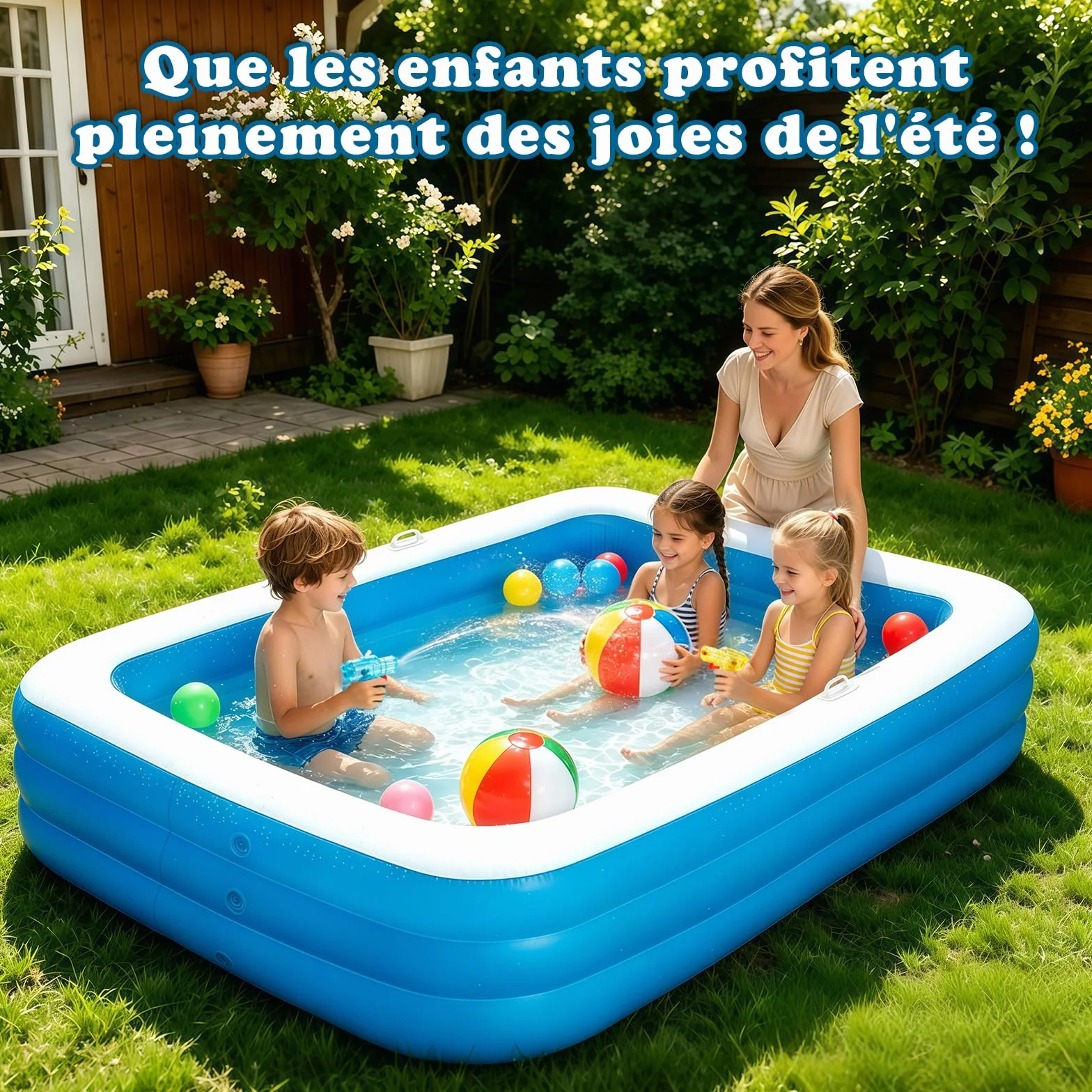 Piscine Gonflable Enfants Rectangulaire avec Ballons et Pistolets à Eau, Pataugeoire pour Jardin Extérieur Été (Bleu)