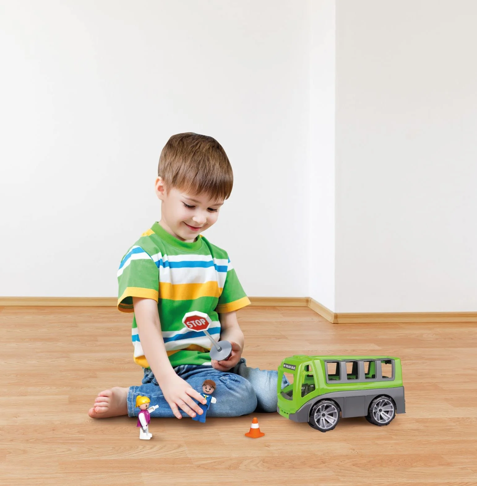 LENA TRUXX Bus, Véhicule de Jeu 27 cm, Set avec Autocar Robuste et 2 Figurines Mobiles, pour Enfants dès 2 Ans, Vert/Gris