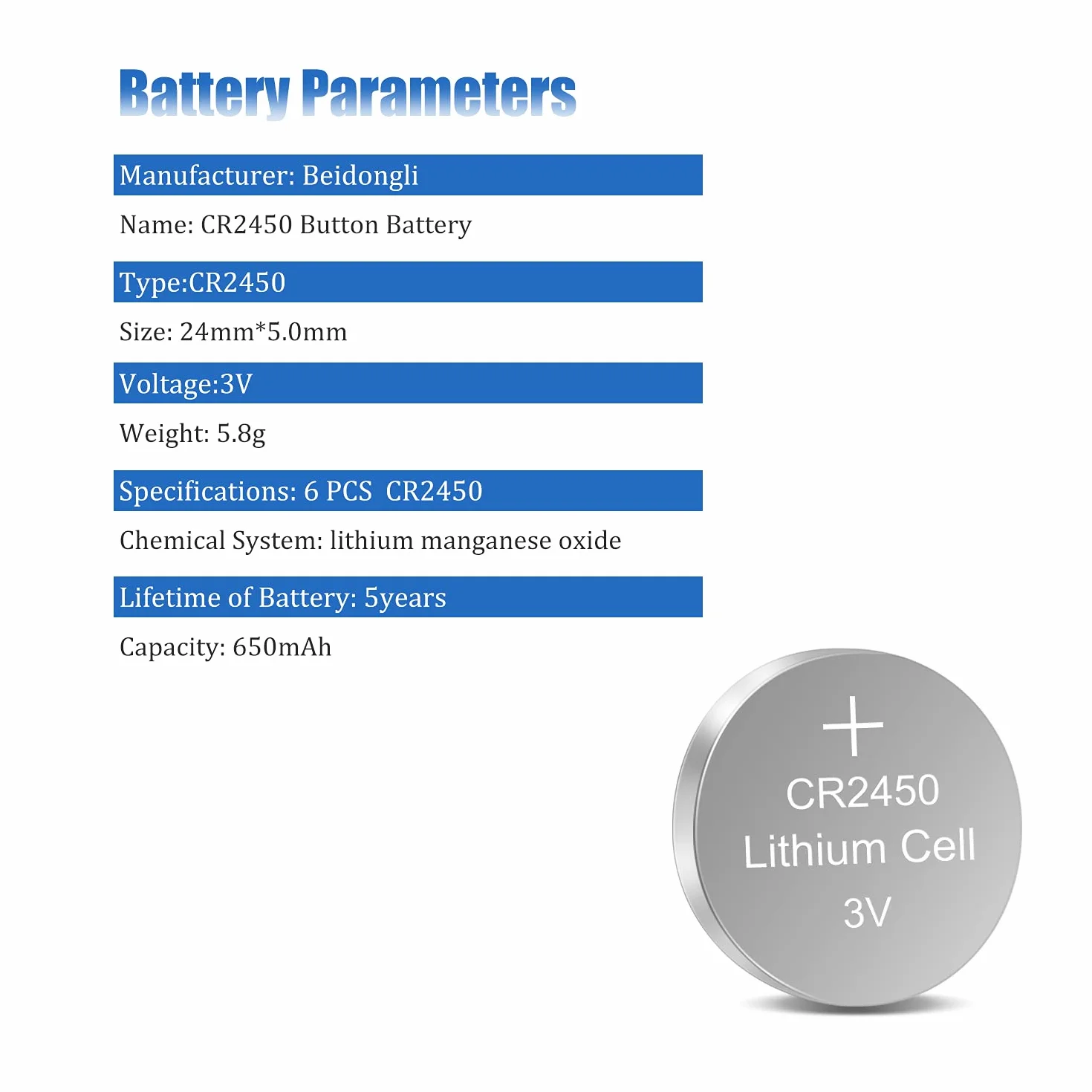 CR2450 Pile Bouton au Lithium 3V Pack de 5