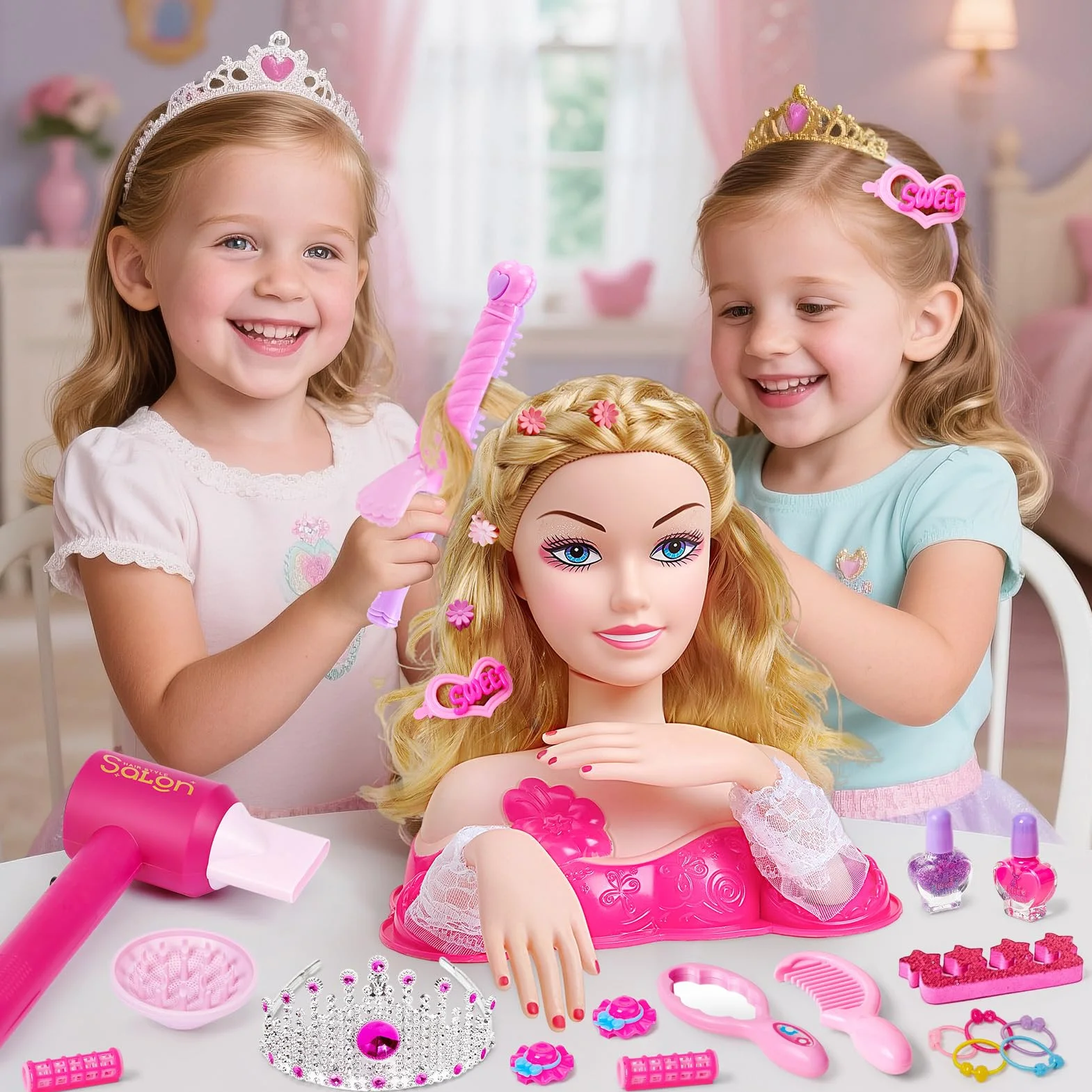 Tête à Coiffer Jouet Enfant Fille 4 5 6 Ans avec Sèche Cheveux Maquillage Vernis à Ongles Accessoires Coiffure