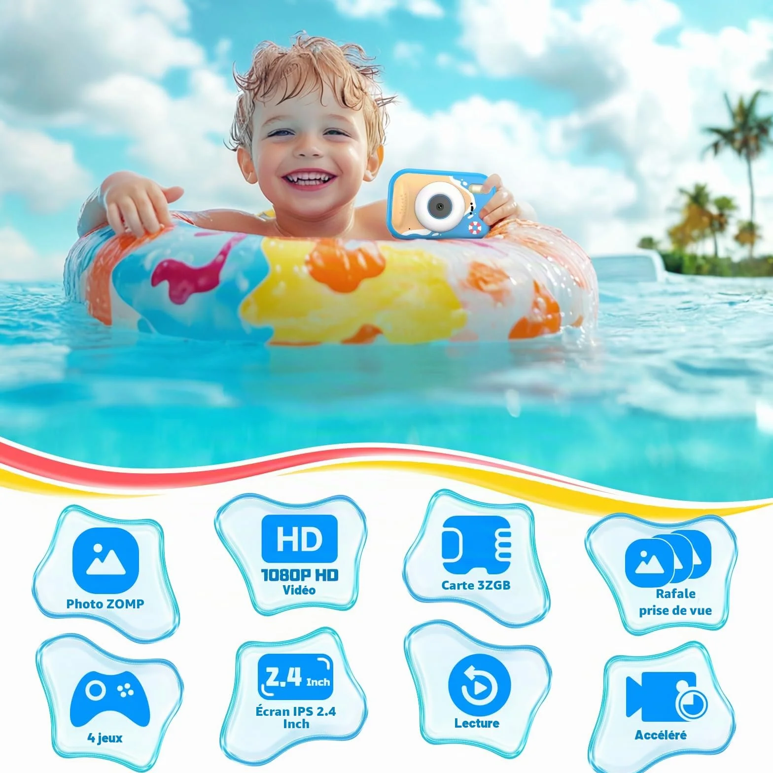 Appareil Photo Enfant Étanche 48MP 1080P Caméra sous-Marine 2,4 Pouces LED Flash Carte TF 32 Go Bleu