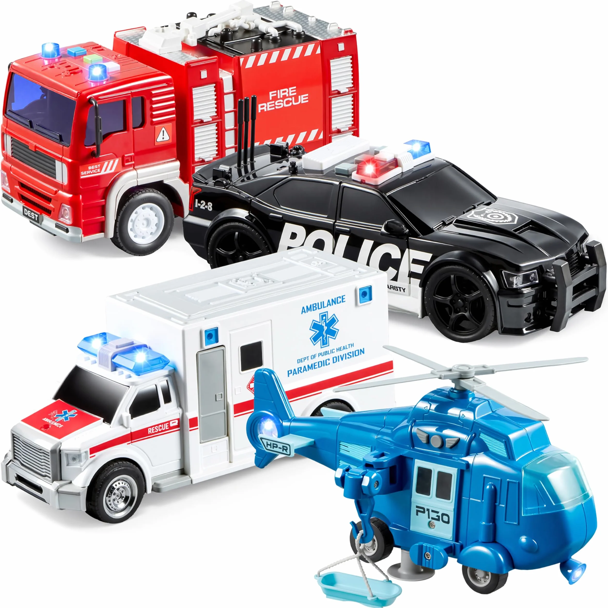JOYIN Lot de 4 Camion de Pompiers Ambulance Voiture de Police Hélicoptère de Secours