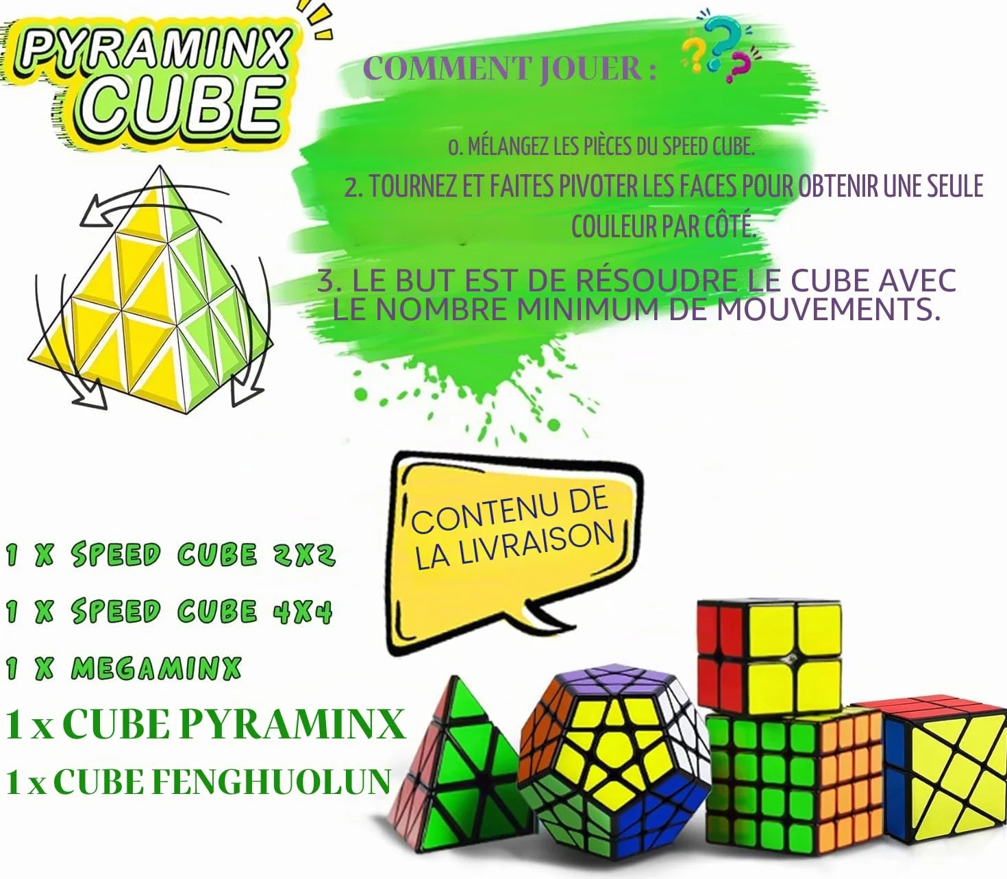 Coolzon Speed Magic Cube Set 5 Pack 2x2 4x4 Pyraminx Megaminx Puzzle Cube Jouet Enfants Adultes