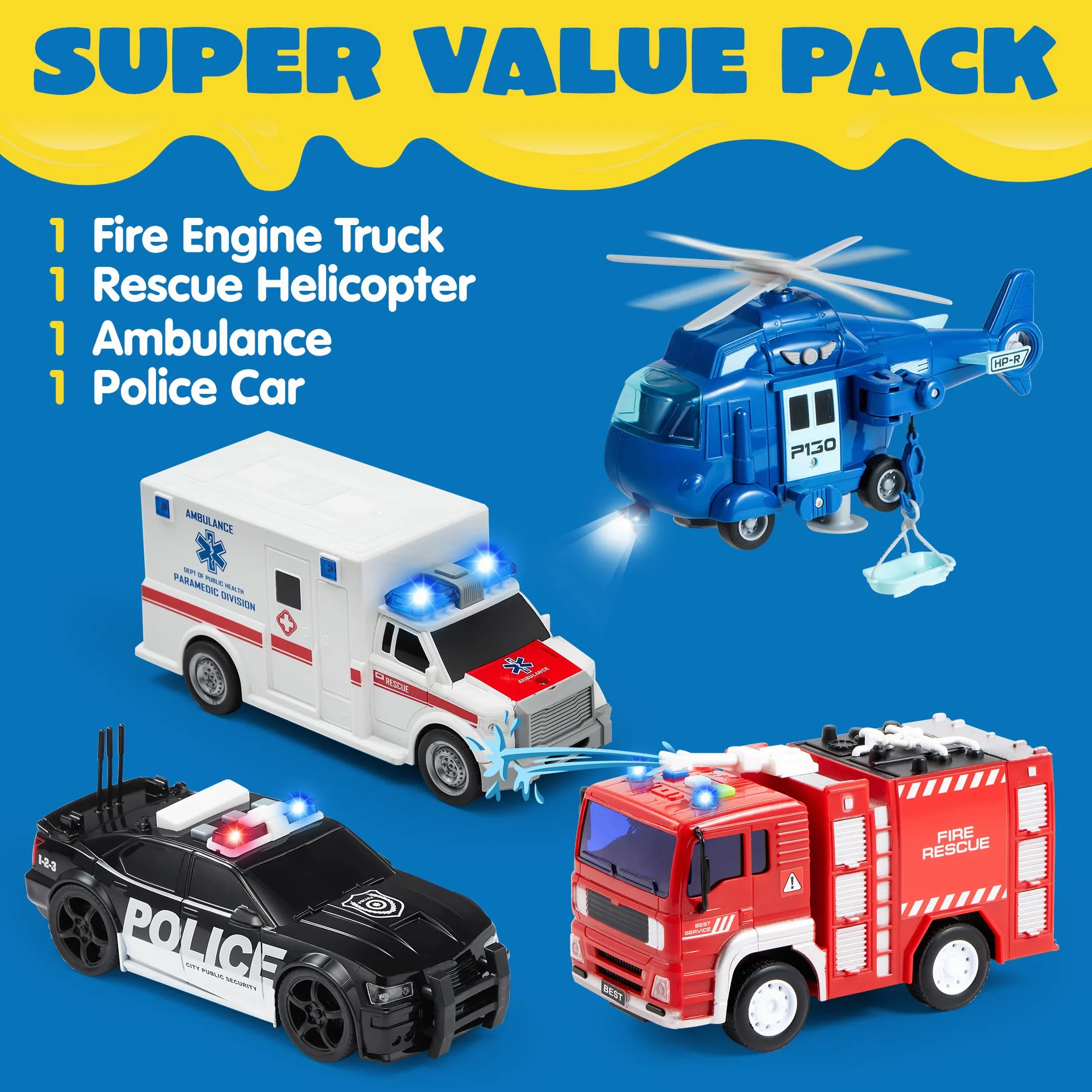 JOYIN Lot de 4 Camion de Pompiers Ambulance Voiture de Police Hélicoptère de Secours