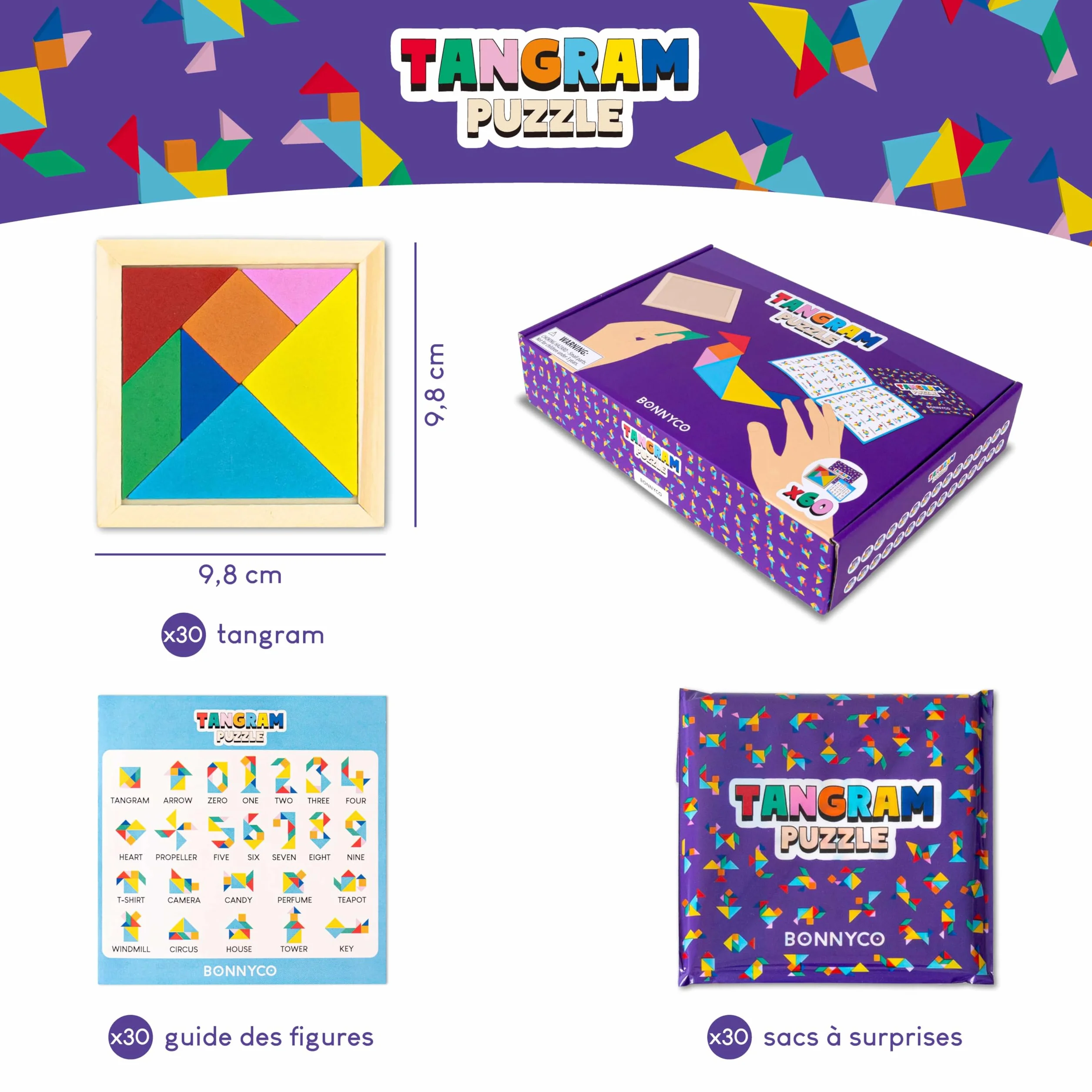 BONNYCO Jeu Tangram Enfant 30 PCS Cadeau Anniversaire Bois Mini Jeux Pinata