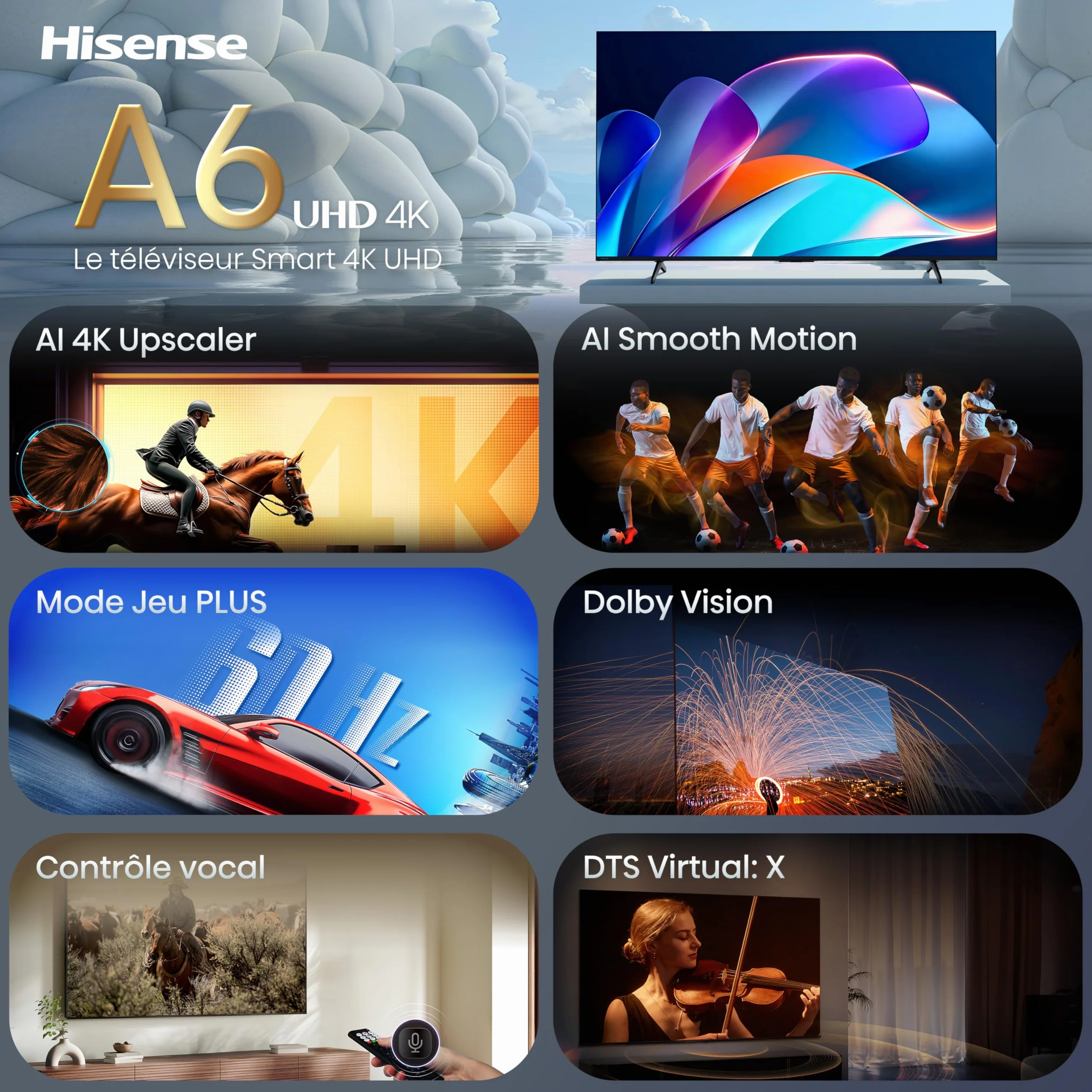 Hisense 55A6S TV 4K UHD 55" (139 cm) Smart HomeOS U9.5 Dolby Vision HDR Noir