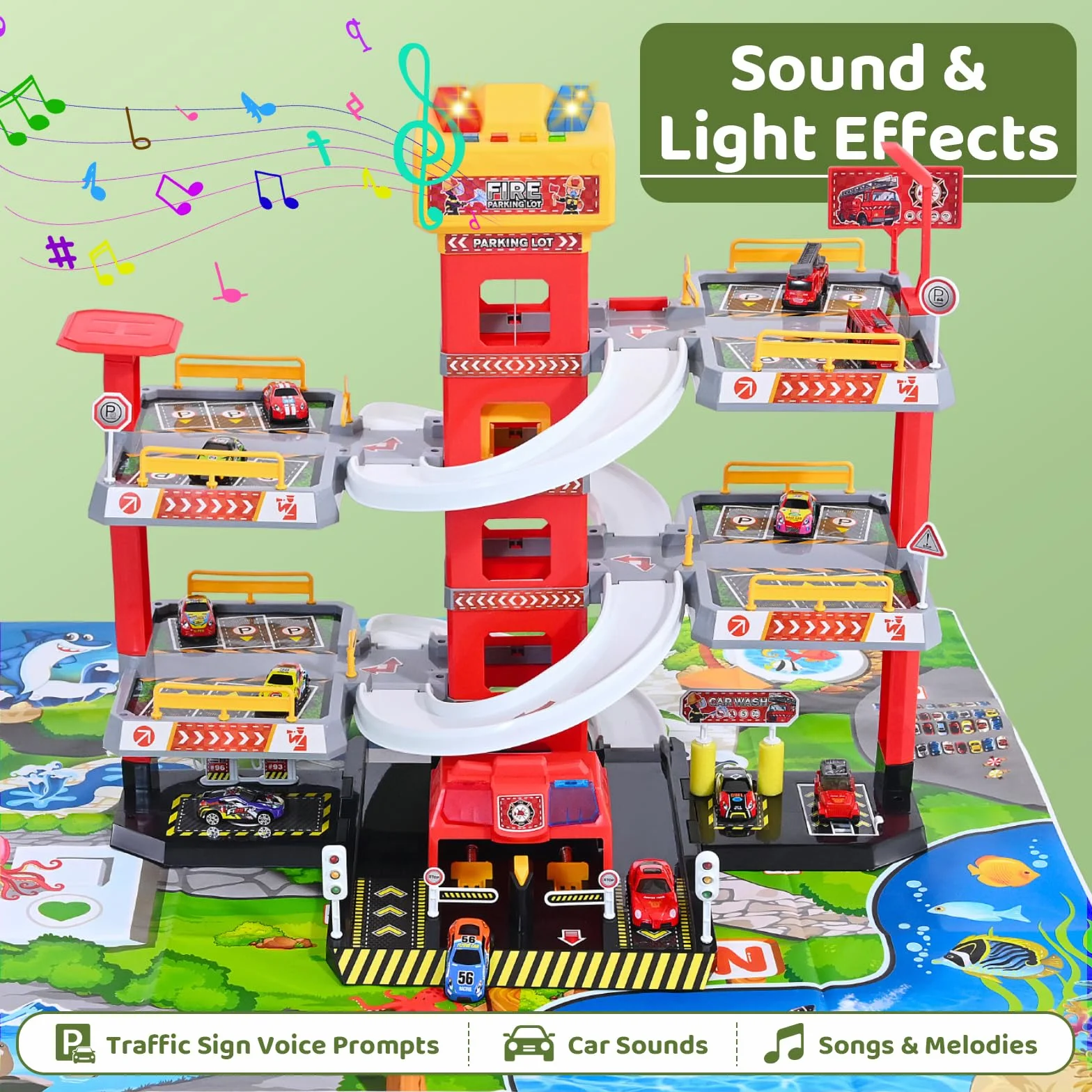 Circuit Voiture Enfant Camion Pompier, Garage Voiture 5 Niveaux Ascenseur Électrique, Parking Jouet Son et Lumière, 12 Voitures et 1 Hélicoptère, 3-9 Ans