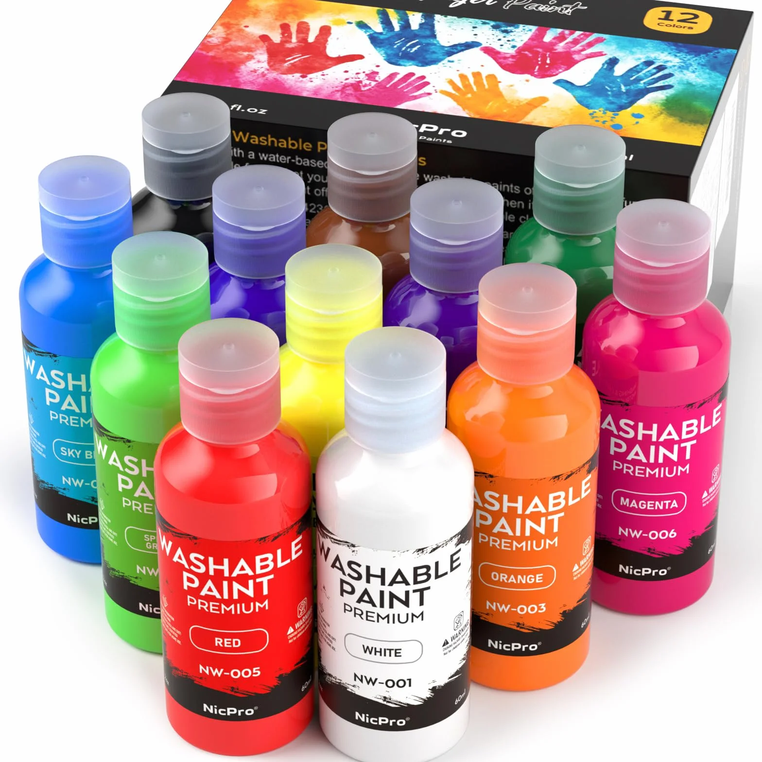 Nicpro Peinture au Doigt Enfant 60 ml 12 Couleurs Tempera Liquide Lavable Non Toxique