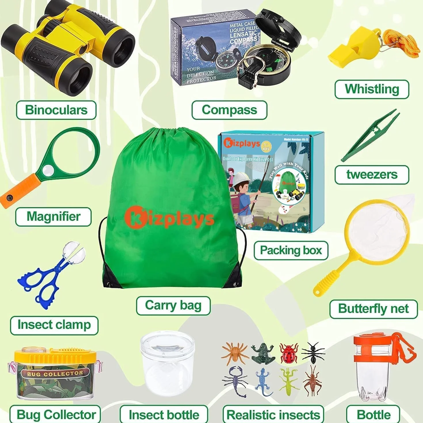 Ensemble Explorateur Extérieur Jouets Enfants 22 Pièces avec Jumelles, Loupe, Boussole Cadeau Pâques