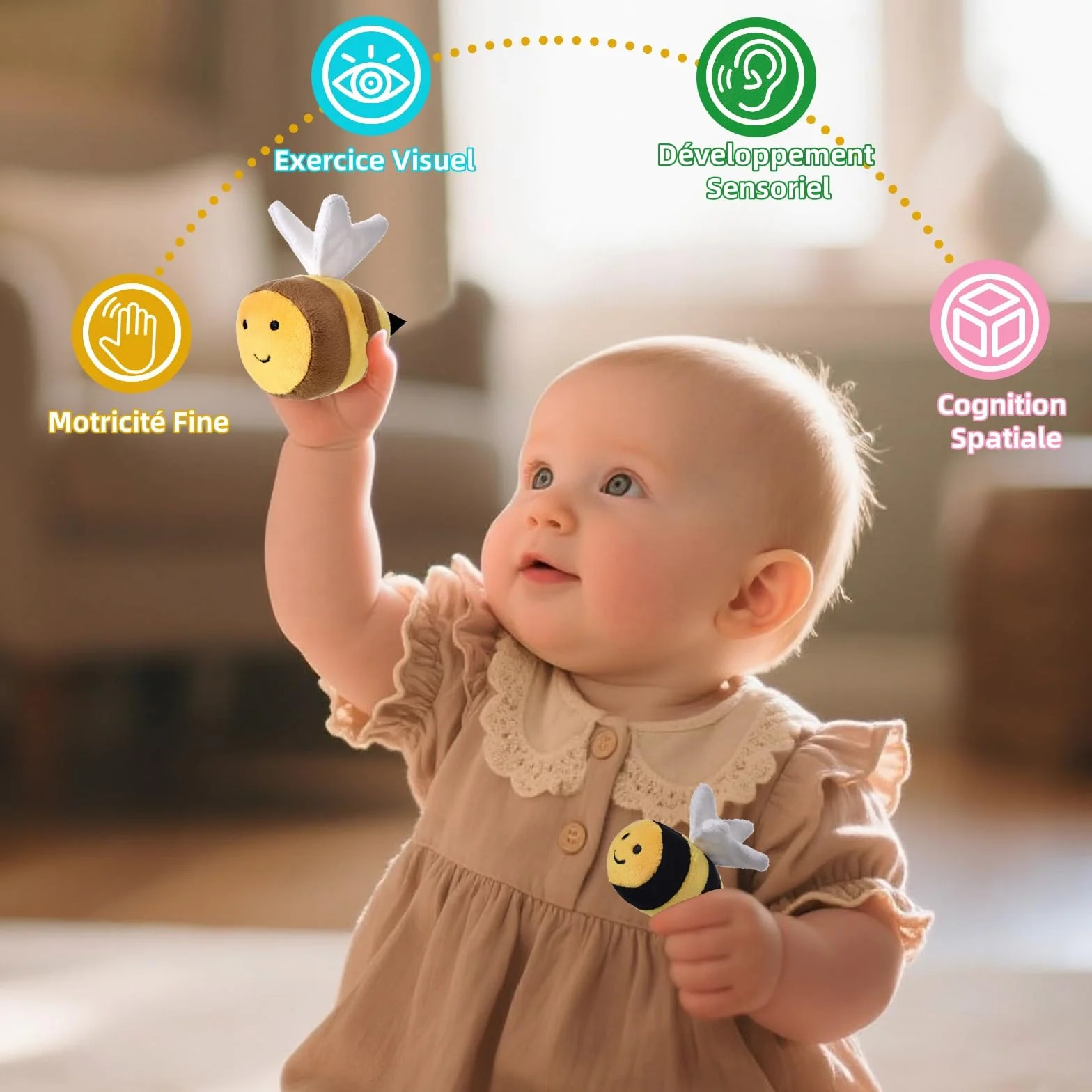 VORENUS Jouet Bebe 6 Mois, 6-en-1 Ruche en Peluche avec 5 Abeilles, Jeux Montessori