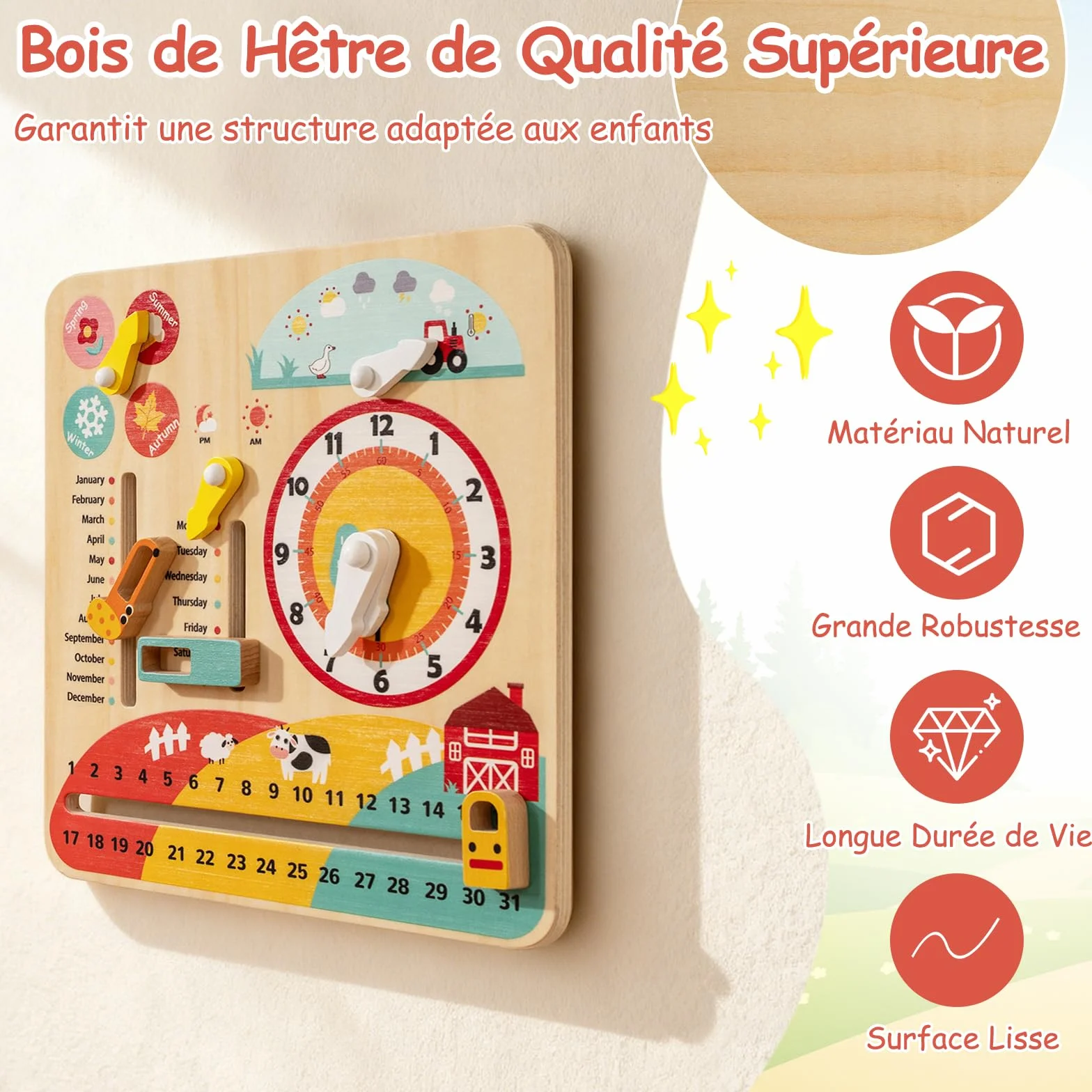 GOPLUS Calendrier Enfant Éducatif 7 en 1, Planche d'Activité d'apprentissage des Mois, Semaines, Jours, Saisons, Heure, Météo, Jouet Montessori Motricité en Bois pour 3+ Ans