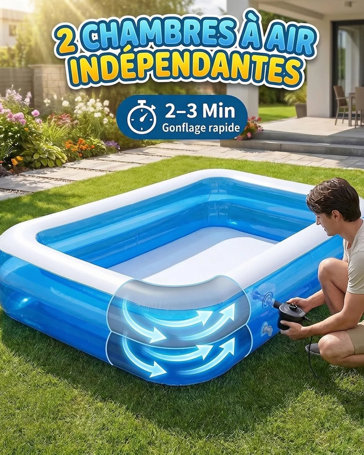Piscine Gonflable Rectangulaire 200x150x50cm Grande Pataugeoire Familiale Bassin Aquatique d'Été