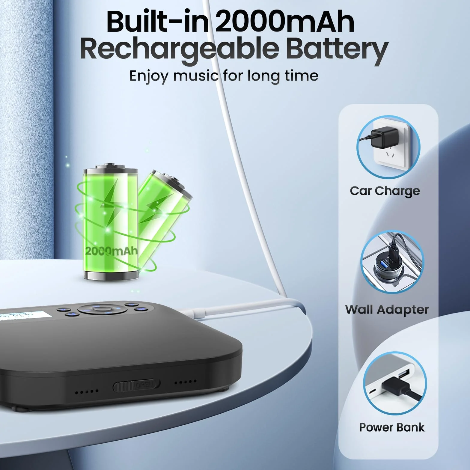 Lecteur CD Portable Bluetooth Rechargeable Discman FM Haut-parleurs Stéréo Anti-Saut