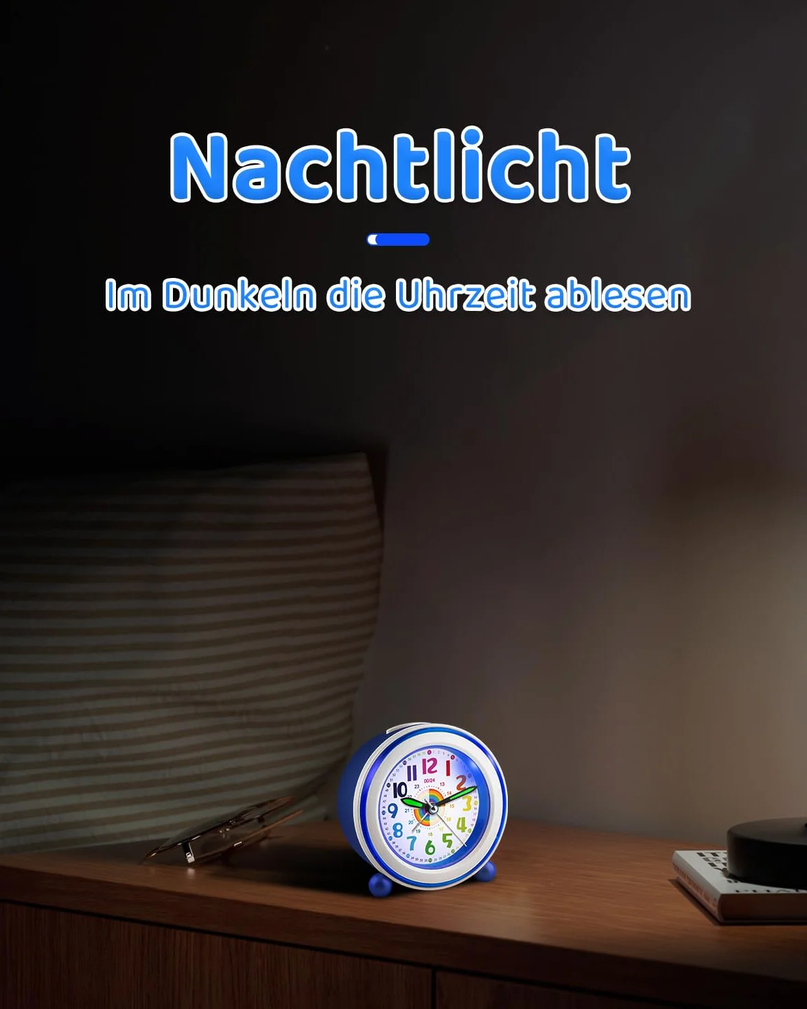Réveil Enfant Fille Garçon, Horloge Analogique Pédagogique sans Tic-Tac avec Veilleuse et Snooze, Cadeau Chambre (Bleu Arc-en-Ciel)
