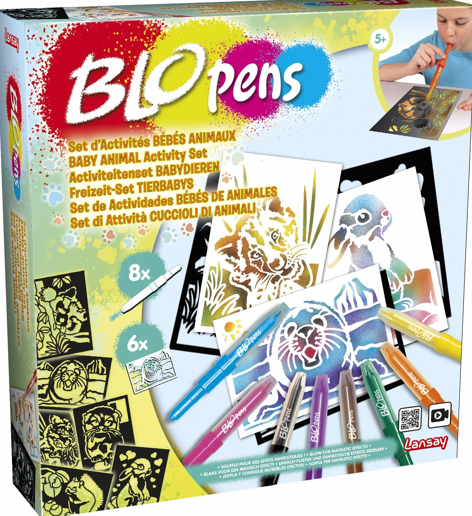 Lansay BLOPENS Set Activités Bébés Animaux Feutres Coloriage Souffler Pochoirs Réutilisables Cadeau Enfants 5 Ans