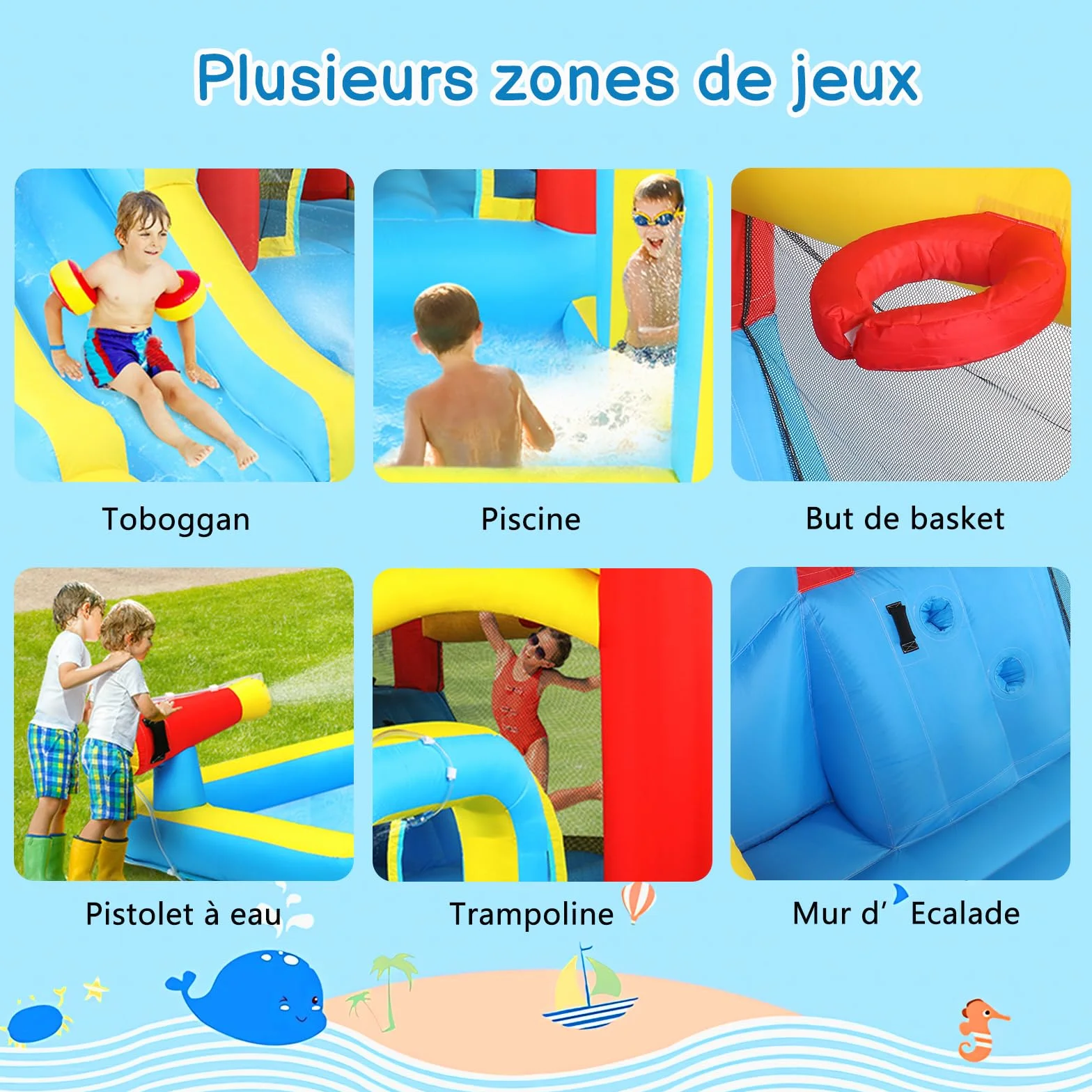 Château Gonflable Enfant avec Piscine et Toboggan, Aire de Jeux Gonflable 465x365x195 cm